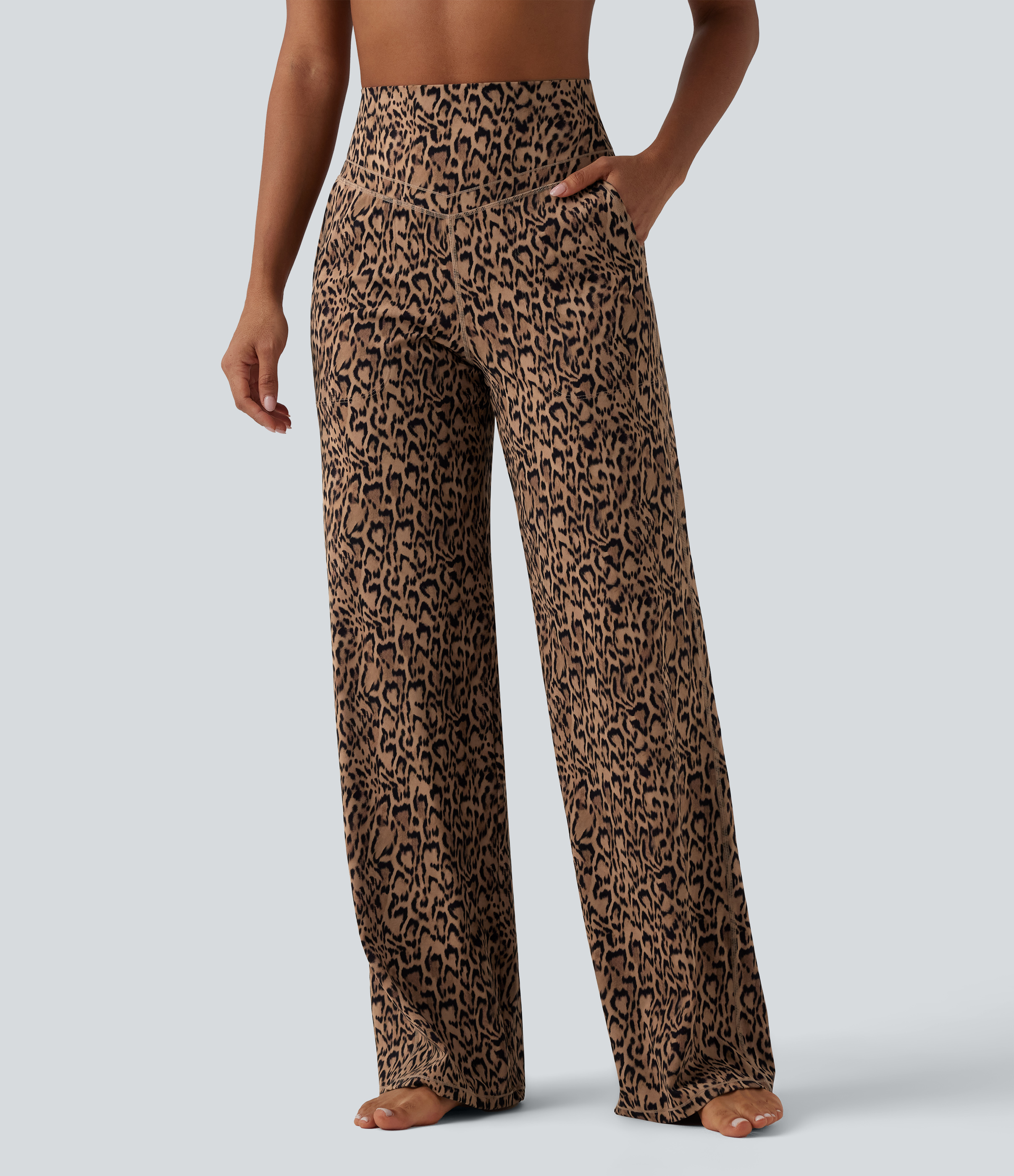 Pantalon de yoga jambes droites taille haute gainant imprimé léopard Halara UltraSculpt™ avec poches