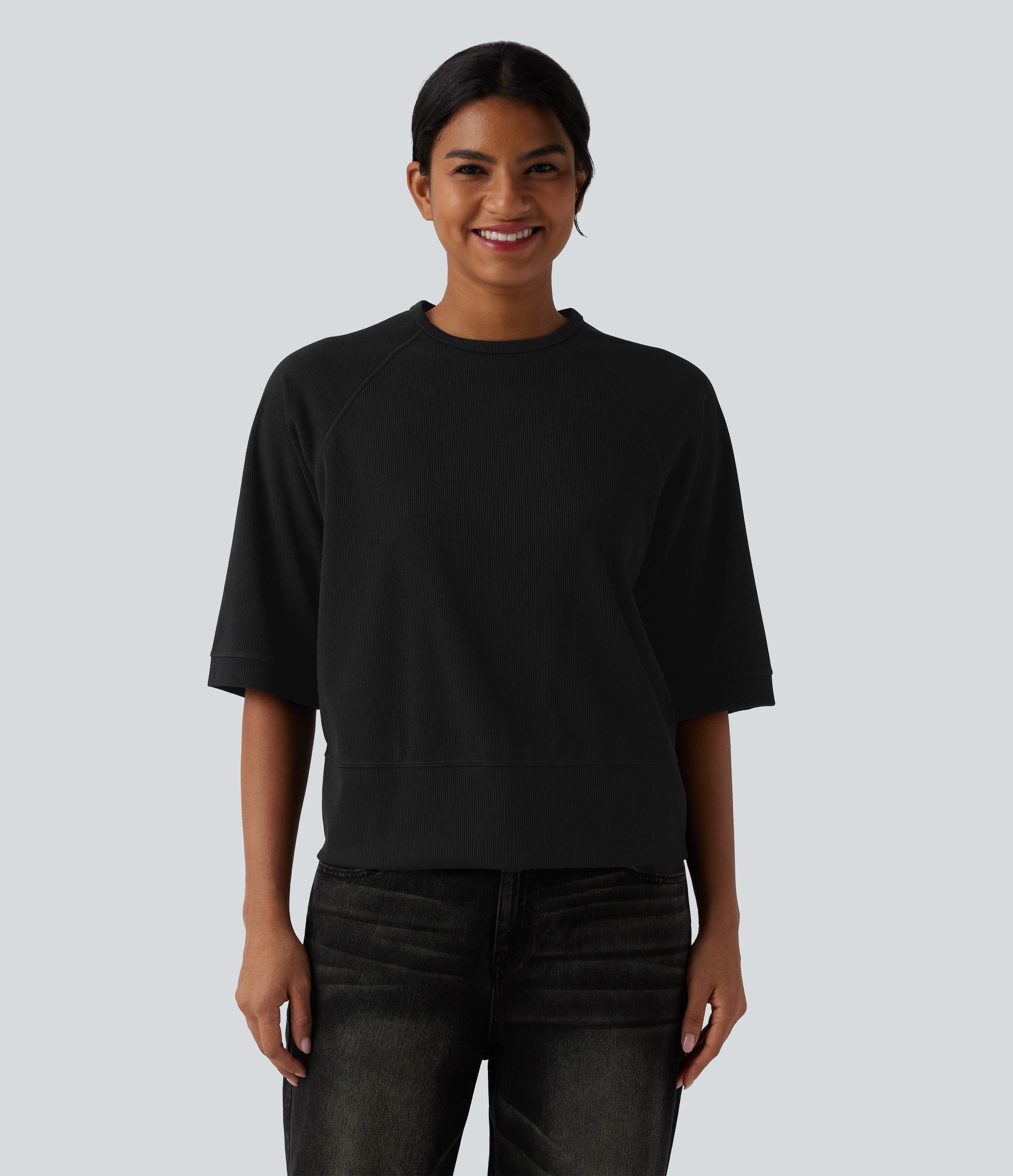 Ribbed Round Neck 3/4 Sleeve Casual Sweatshirt