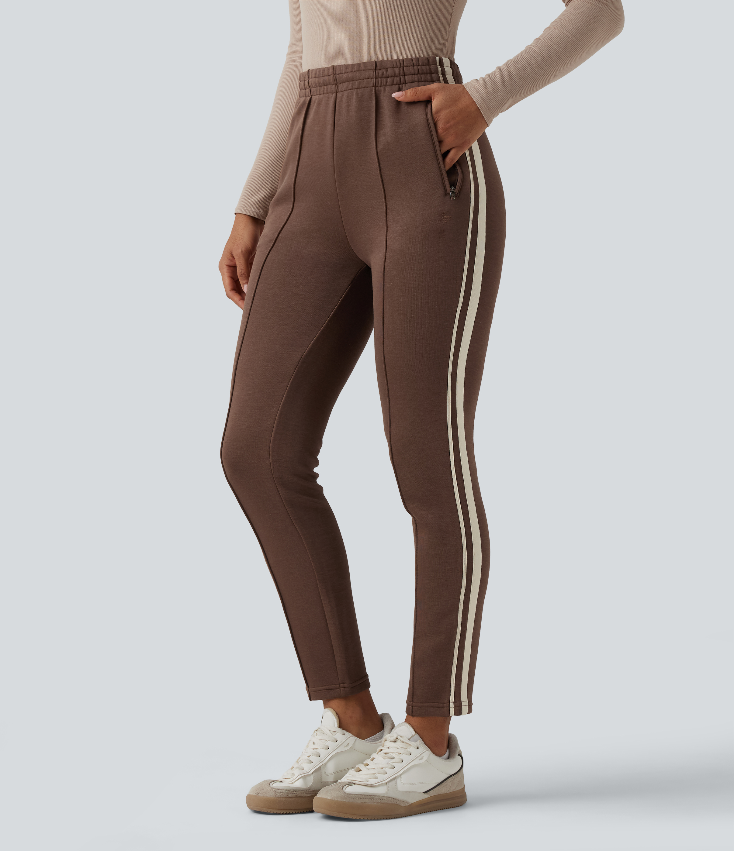 SpacerTek™ High Waisted Inner Drawstring Stripe Casual Pants with Pockets