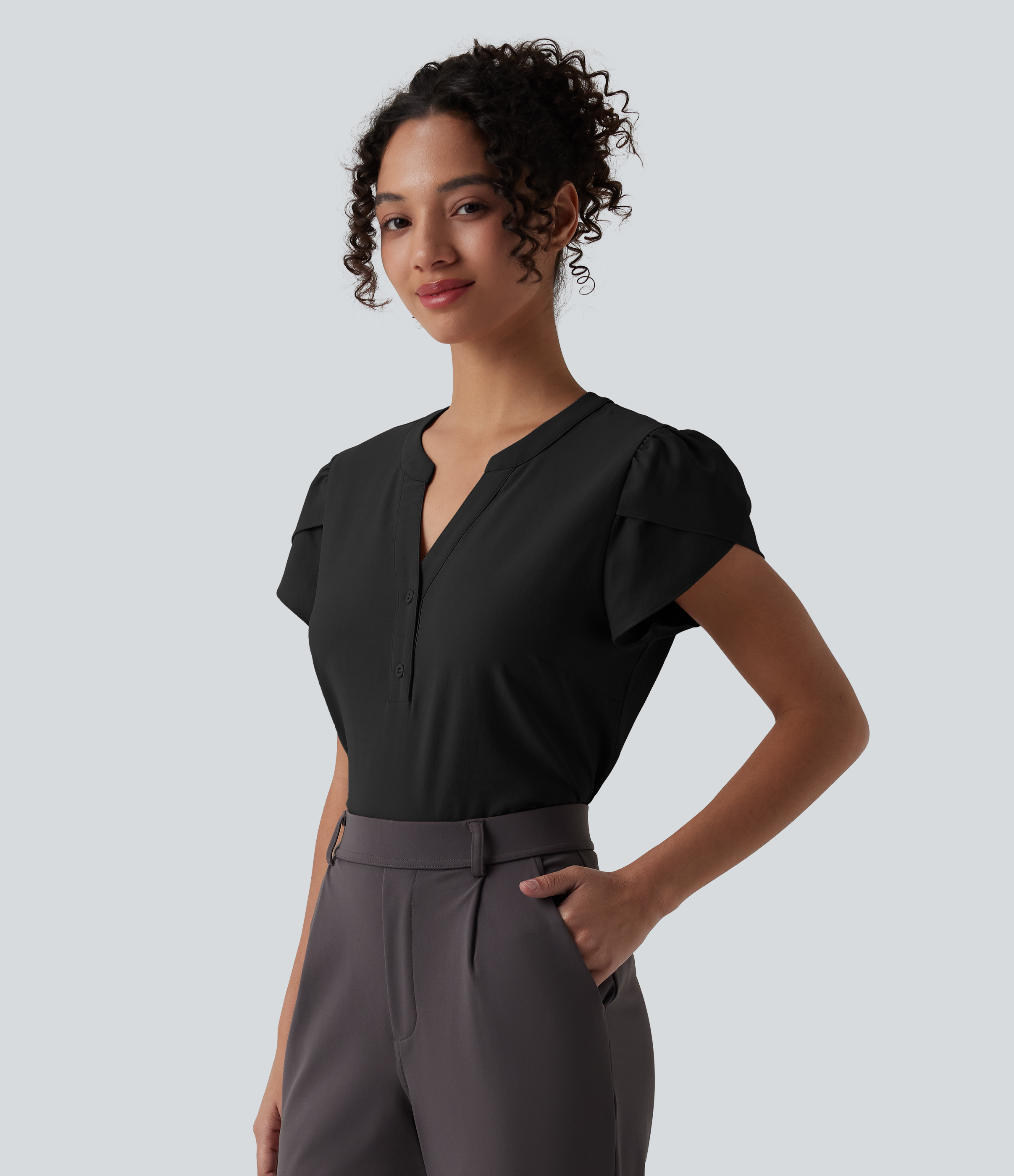 V-neck Petal Short Sleeve Work Blouse