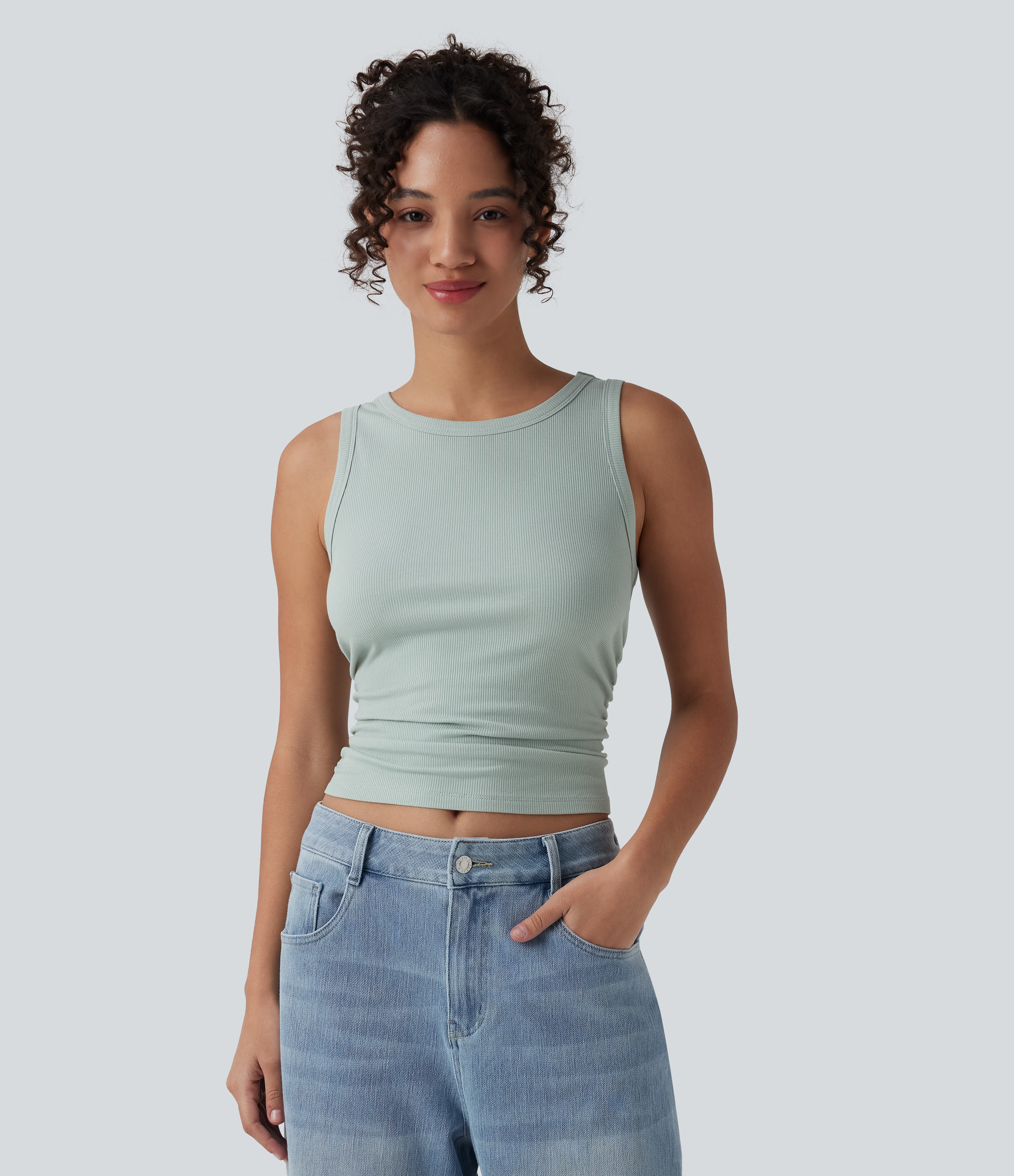 Ribbed Knit Round Neck Ruched Casual Tank Top