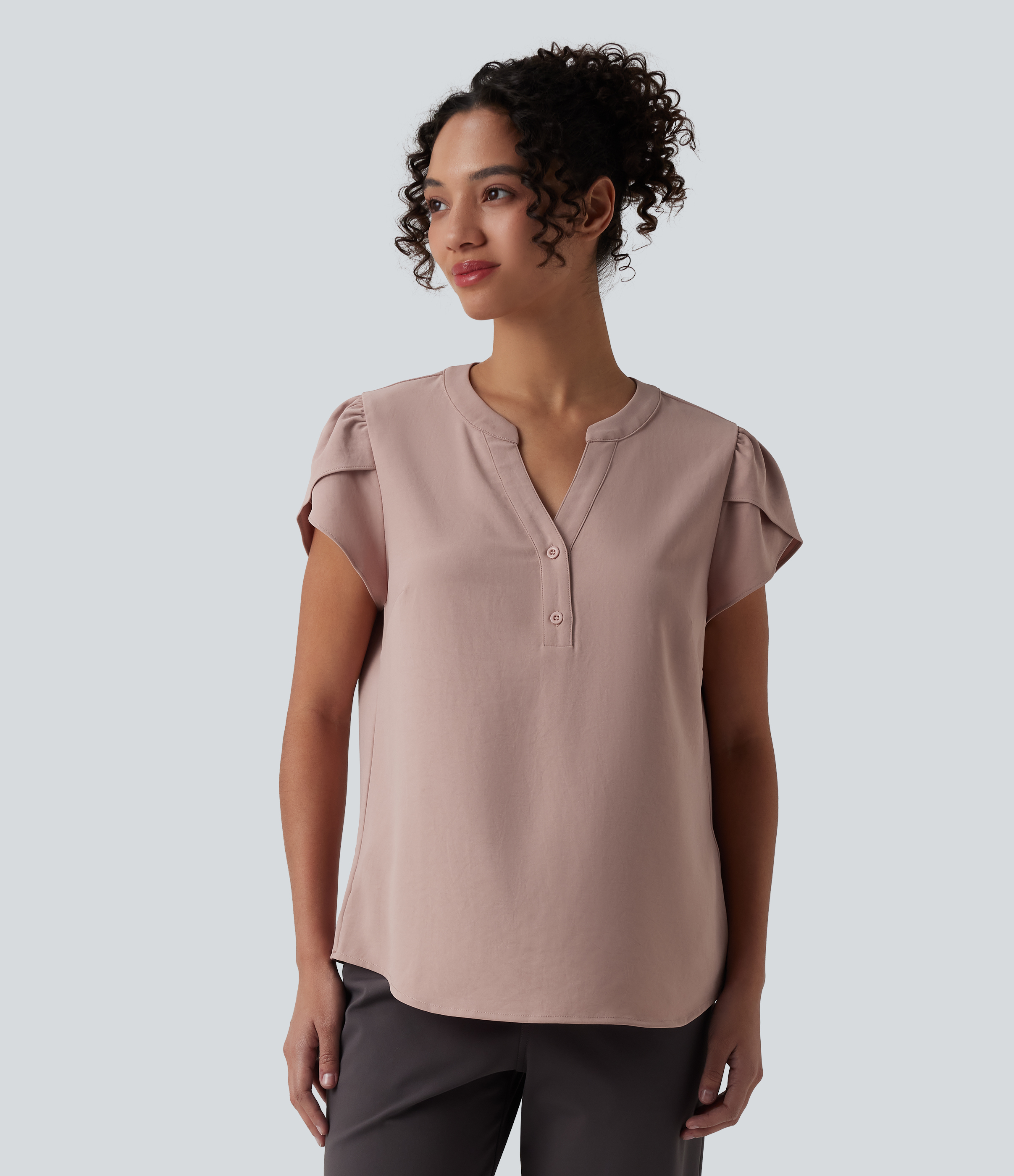 Fawn V-neck Petal Short Sleeve Work Blouse / 2