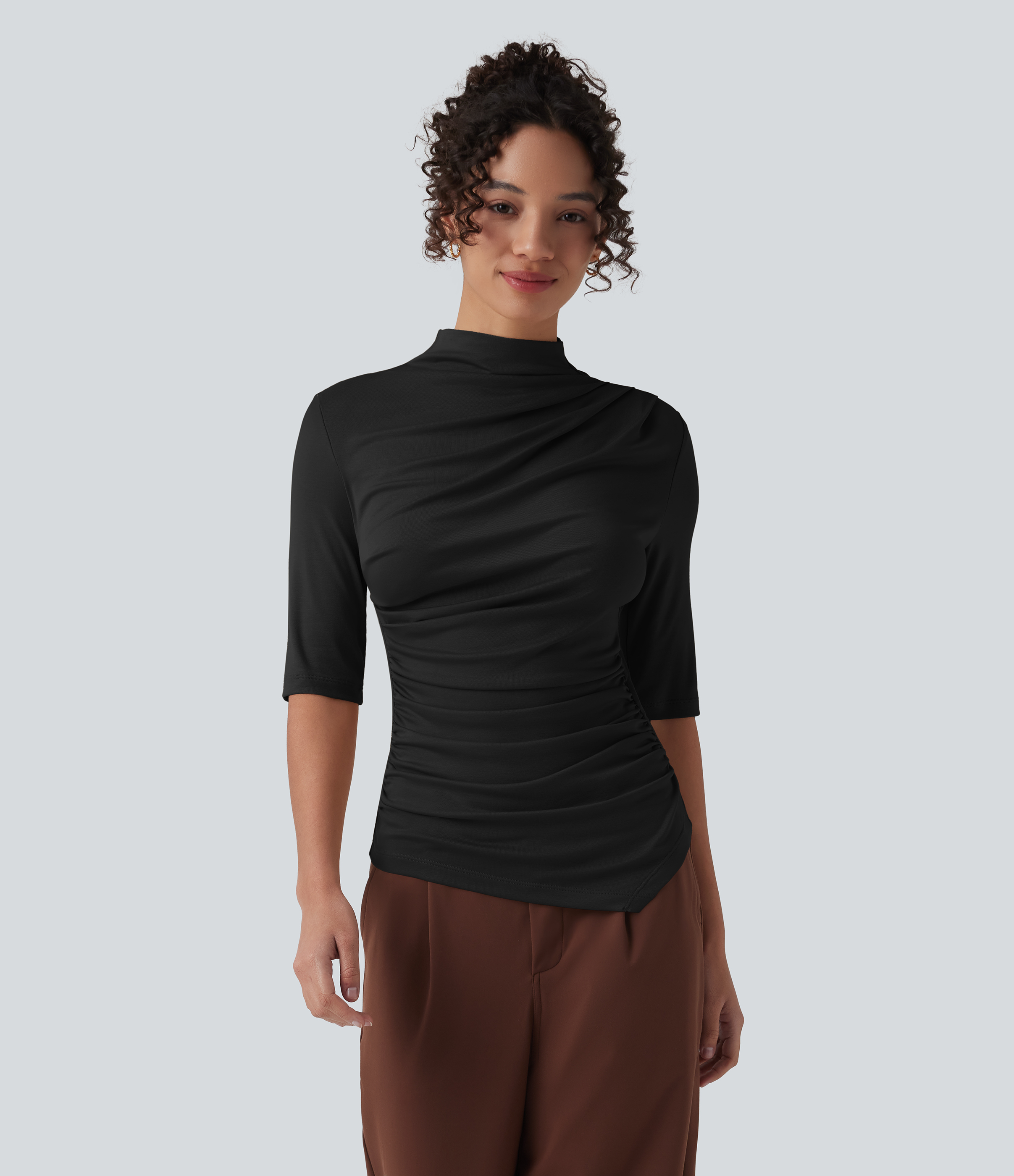Ribbed Knit Mock Neck Half Sleeve Ruched Asymmetric Hem Casual Top