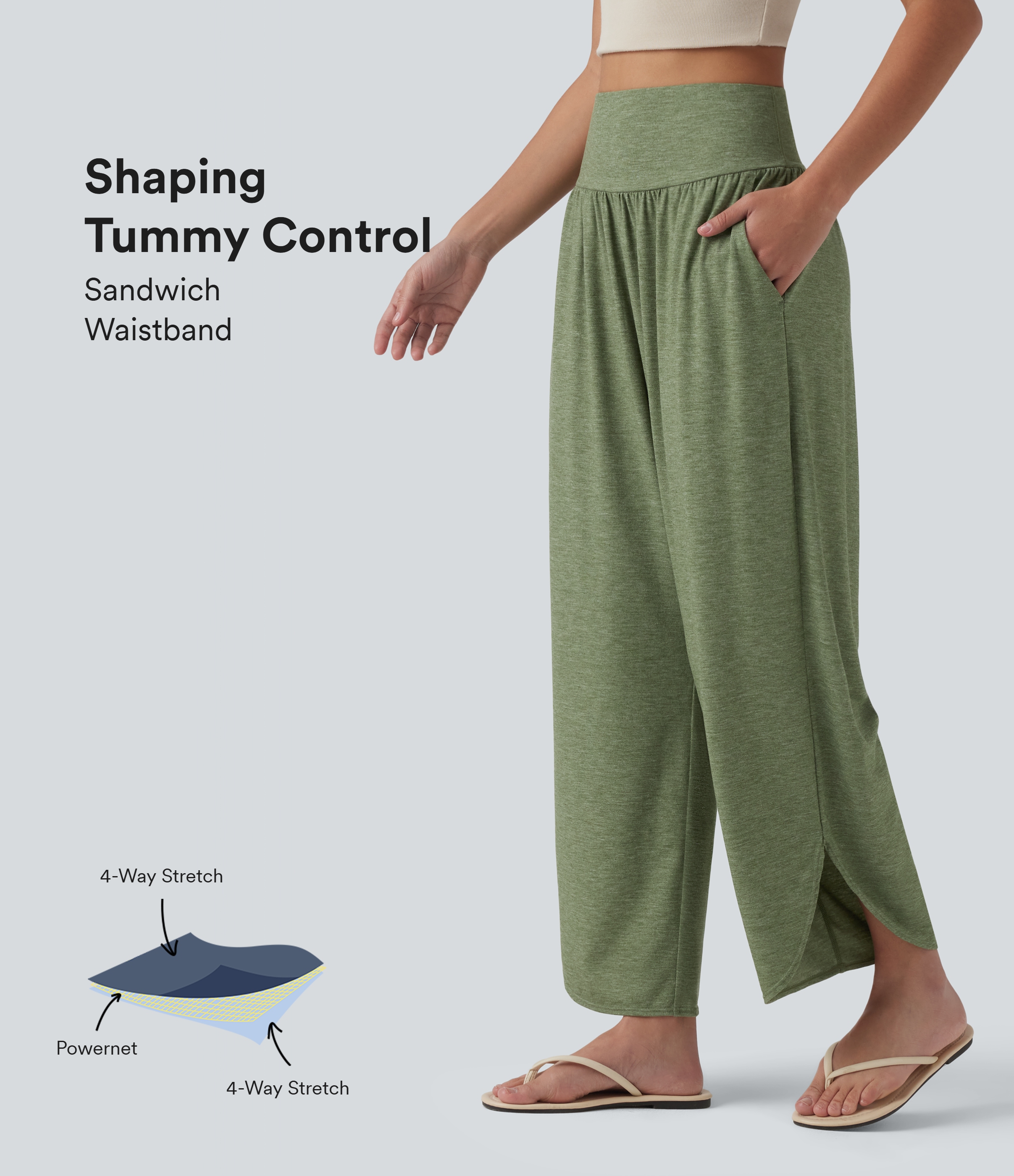High Waisted Tummy Control Curved Hem Casual Pants with Pockets