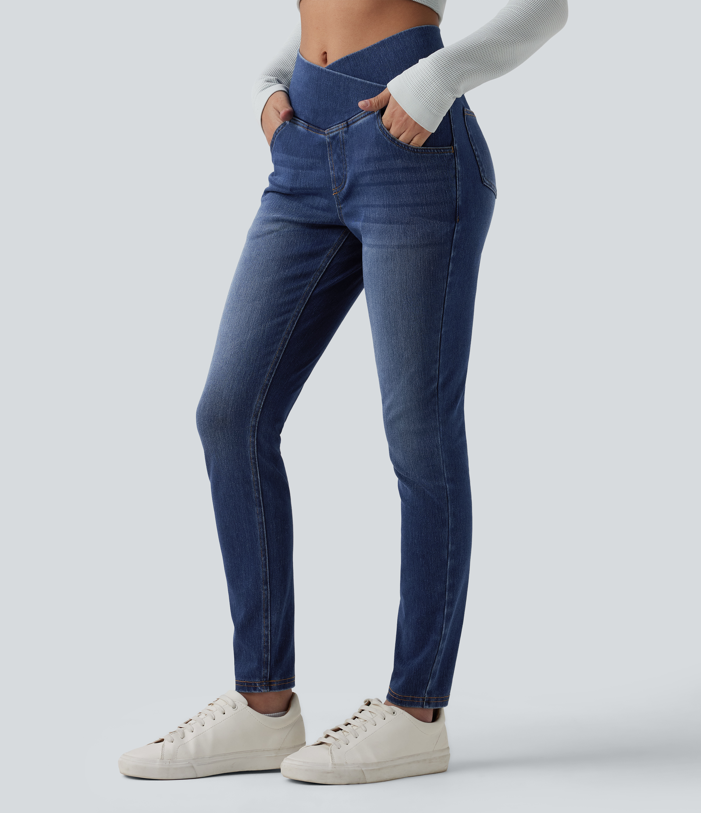 Halara Flex™ Crossover High Waisted Casual Denim Leggings with Pockets