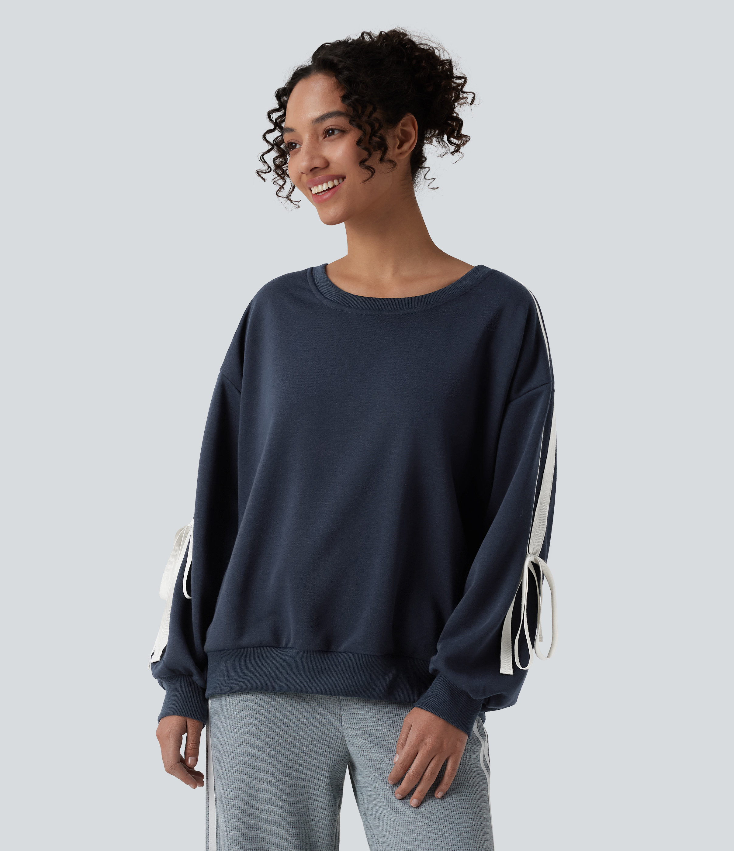 Round Neck Dropped Shoulder Color Block Stripes Bow Casual Sweatshirt