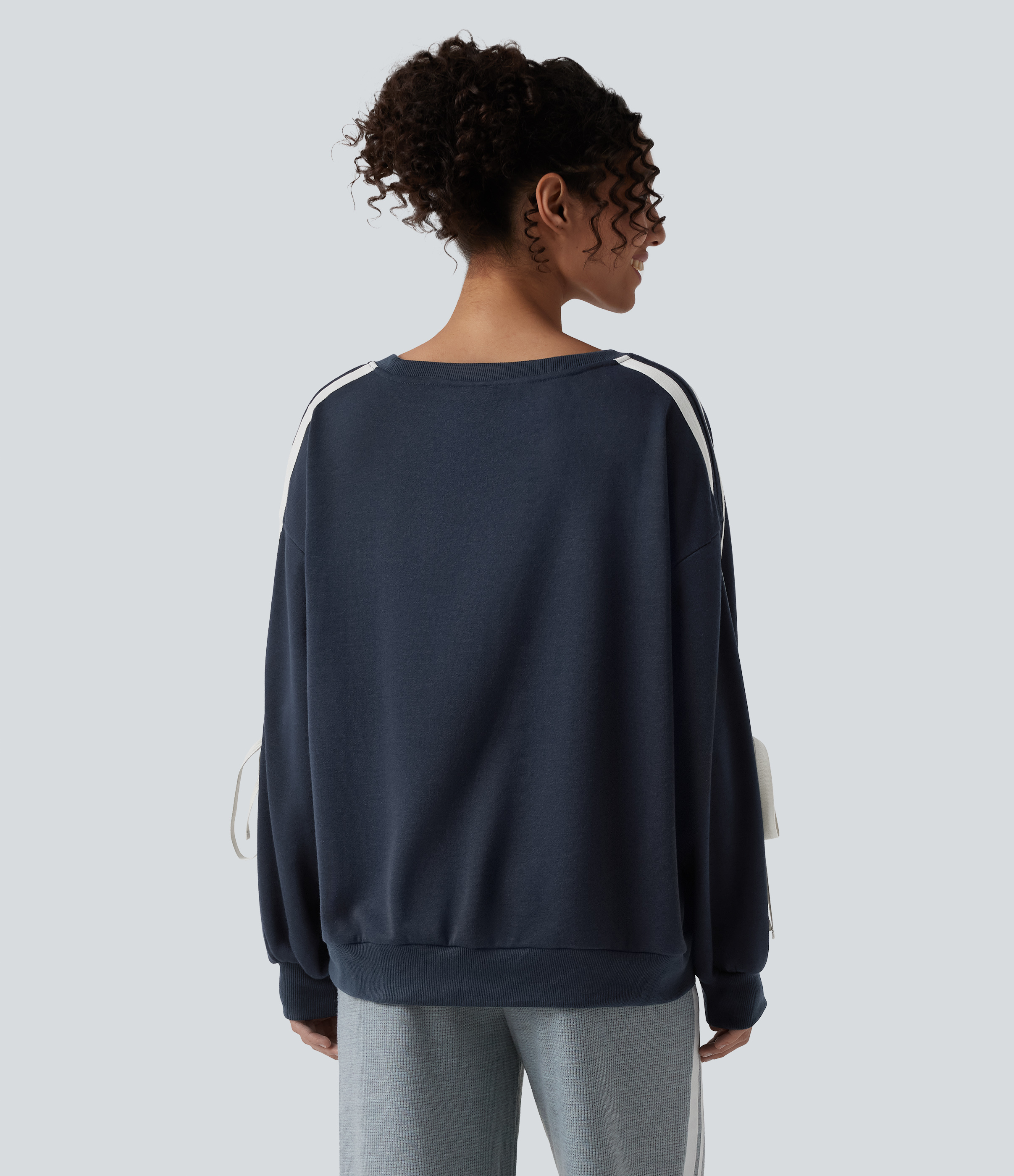 Navy Crew Neck Dropped Shoulder Color Block Stripes Bow Casual Sweatshirt / 2