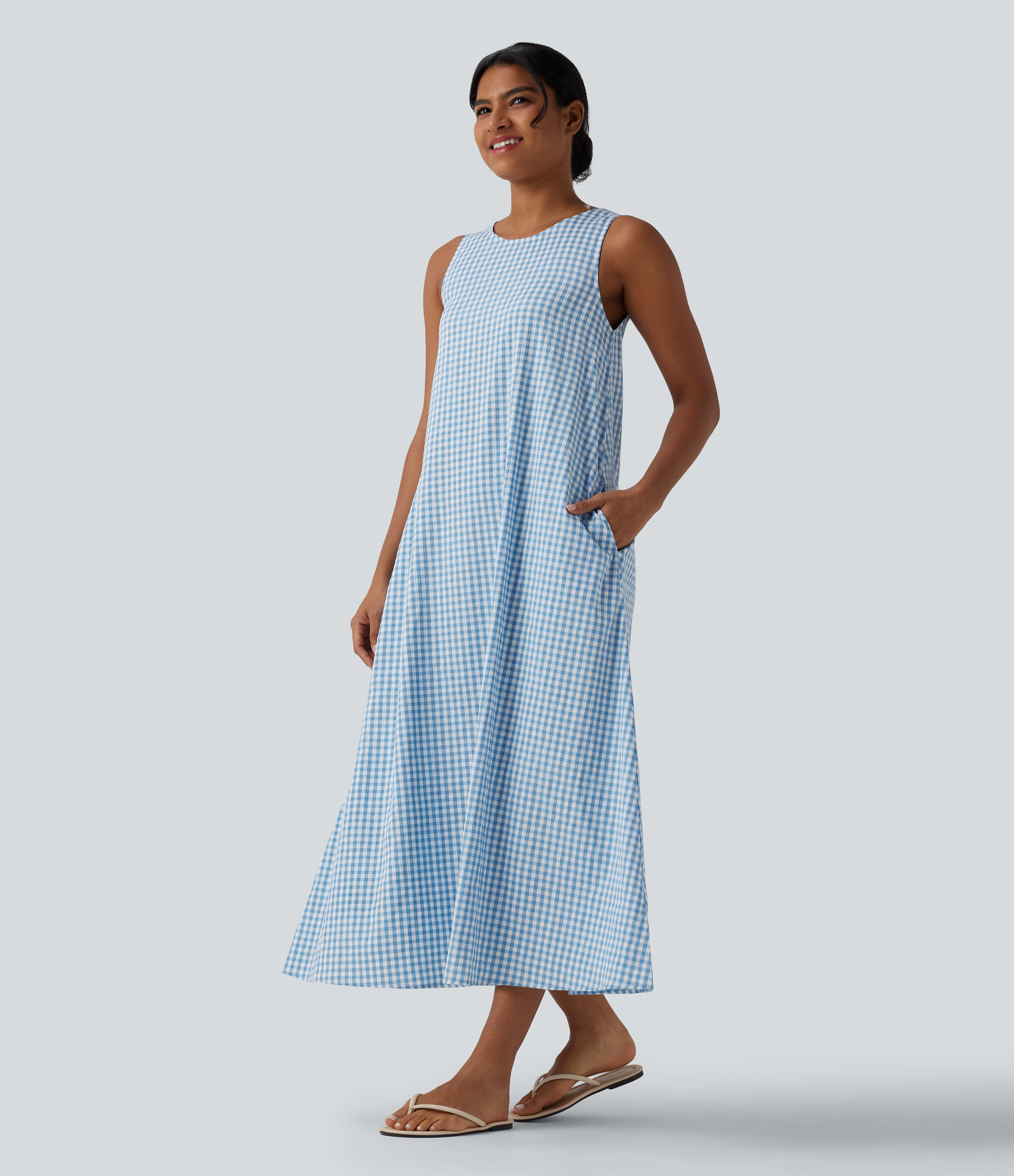 Robe débardeur décontractée midi col rond à carreaux vichy froissés avec poches