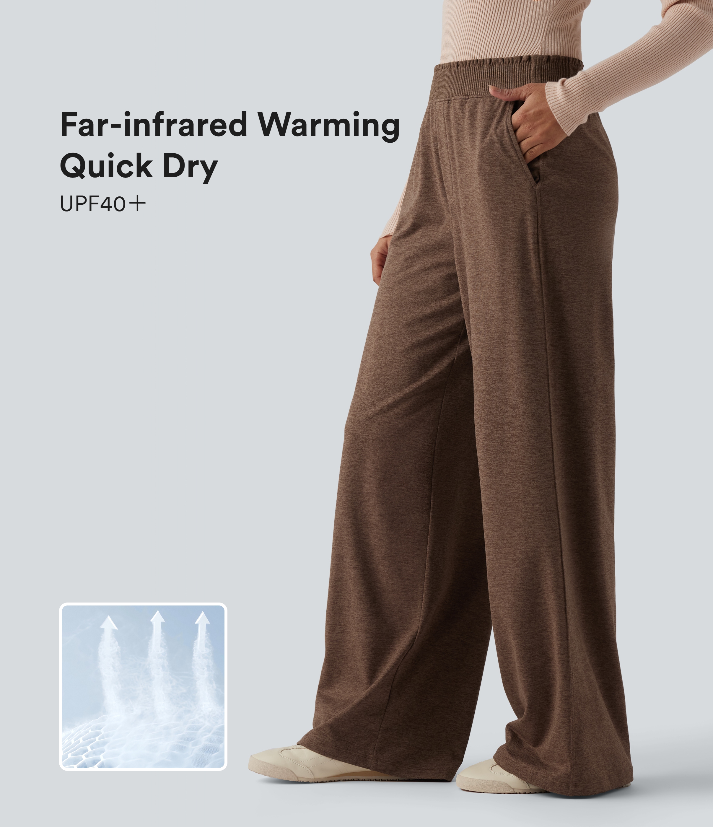 Hochgeschnittene, melierte Jogginghose mit Rüschenabschluss, schnell trocknendem Material, lässigem Schnitt, weitem Bein und Taschen – UPF40+