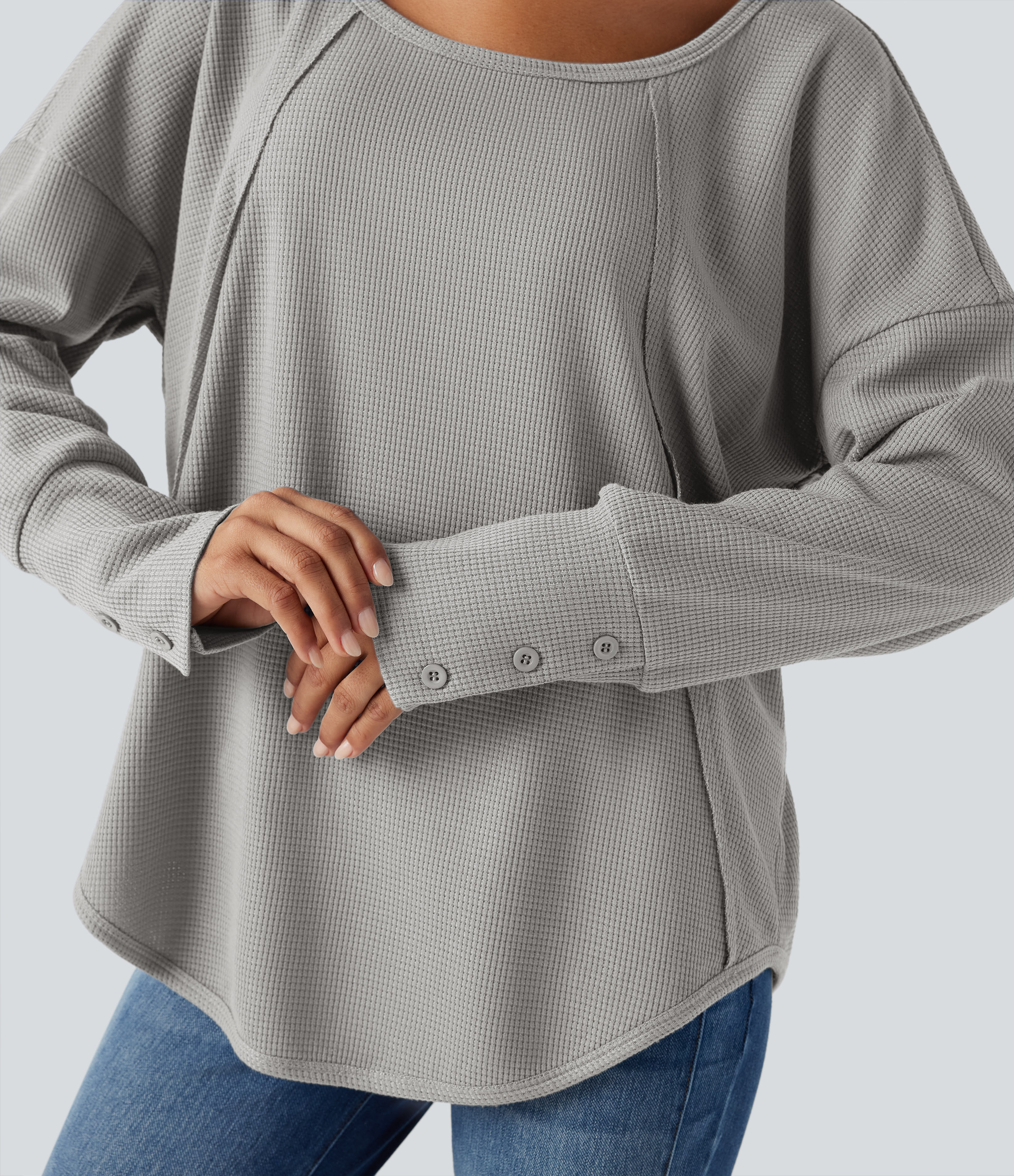 Scoop Neck Long Sleeve Curved Hem Relaxed Waffle Casual Top