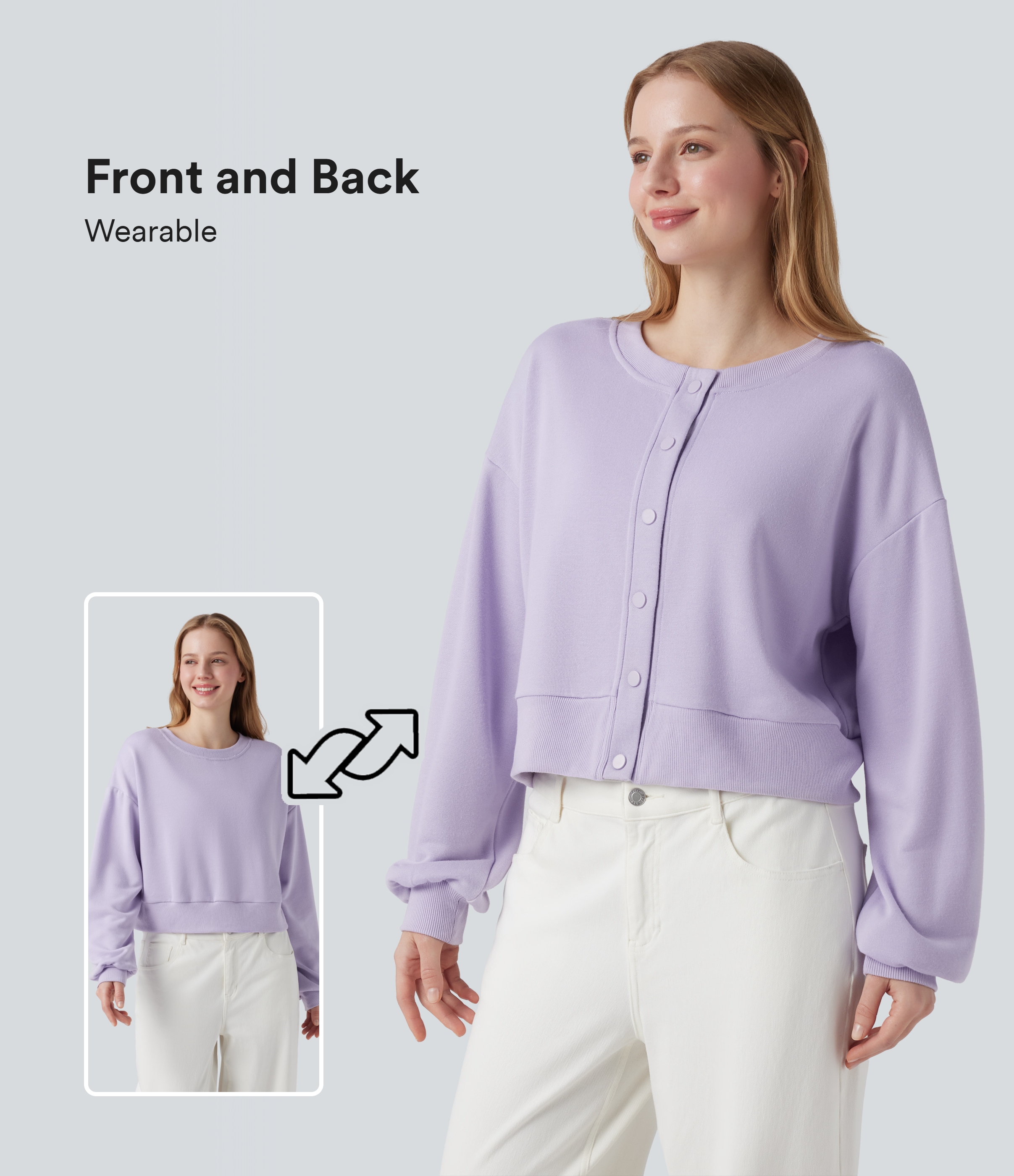 Crew Neck Long Sleeve Button Fly Relaxed Sweatshirt-Front and Back Wearable