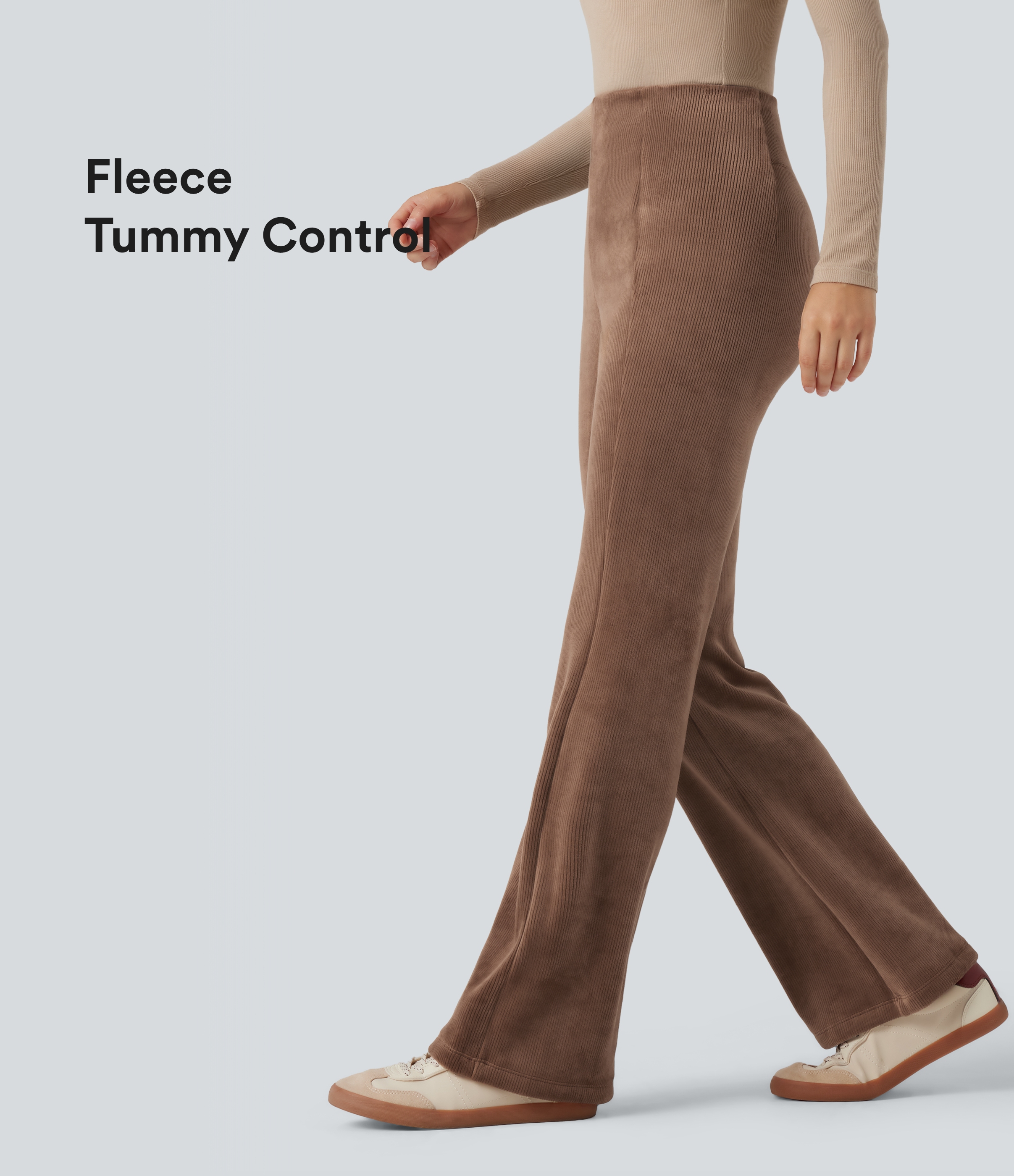 Ribbed Knit High Waisted Tummy Control Fleece Casual Flare Pants