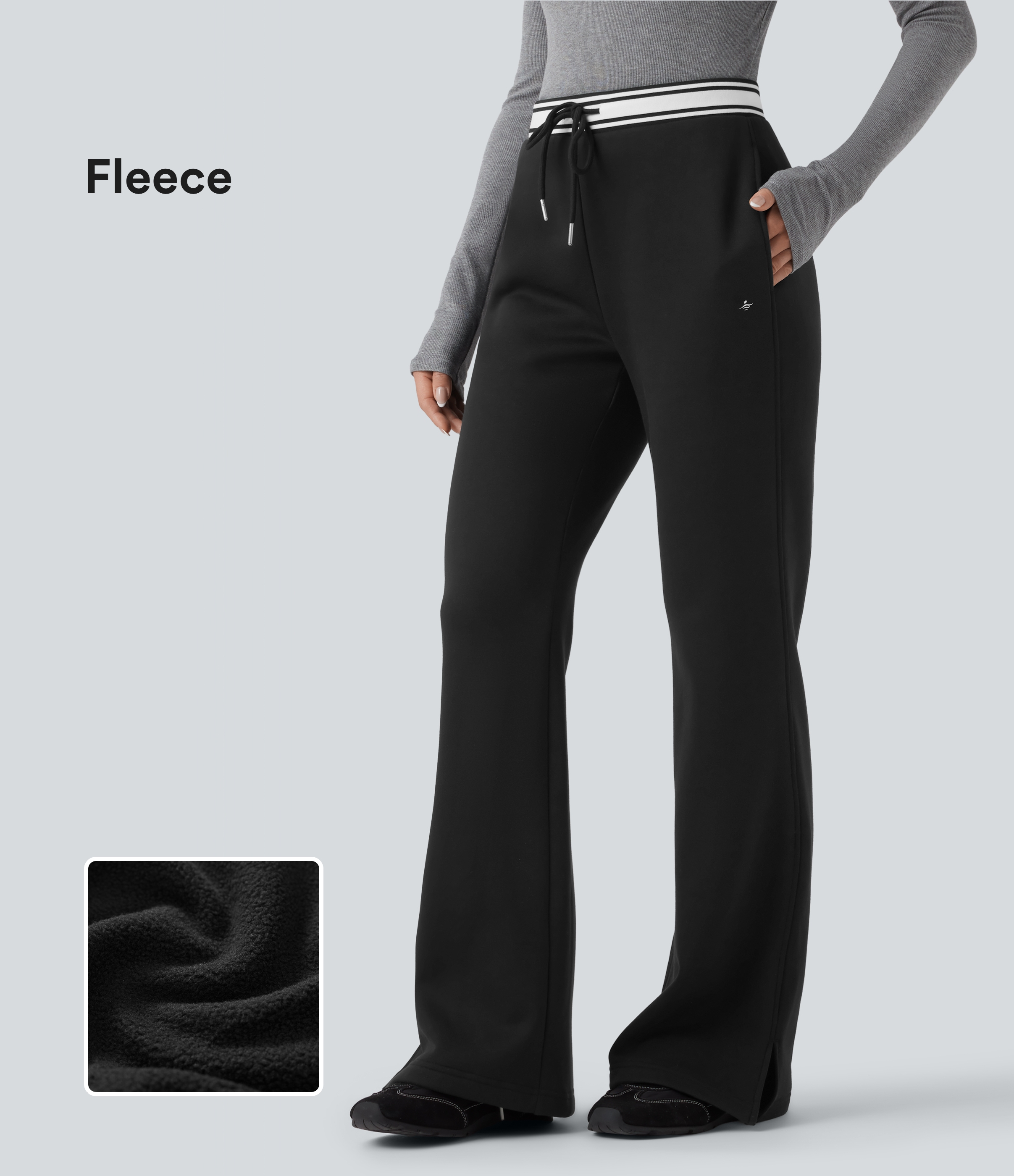 High Waisted Drawstring Color Block Split Hem Fleece Casual Cotton Flare Trackpants with Pockets