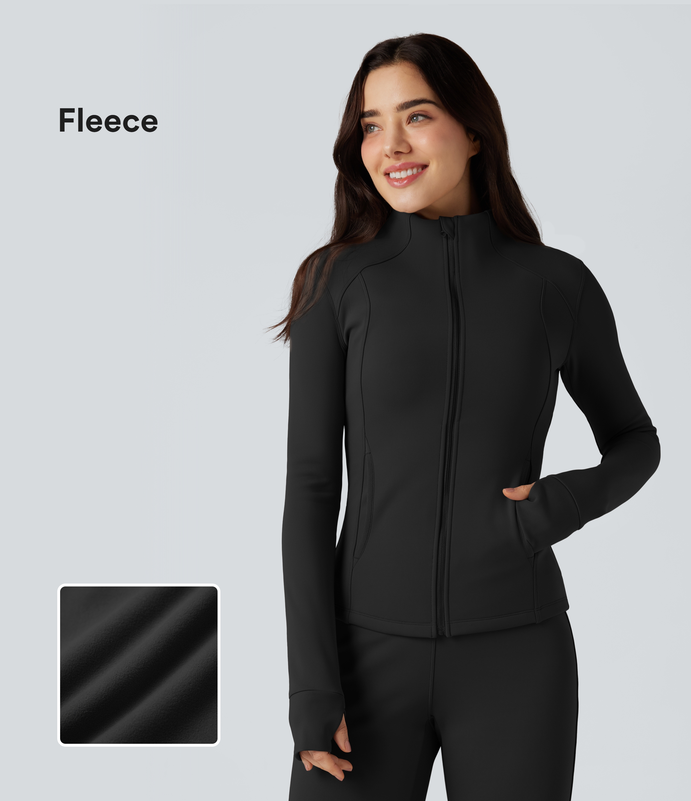 Long Sleeve Thumb Hole Fleece Workout Jacket with Pockets