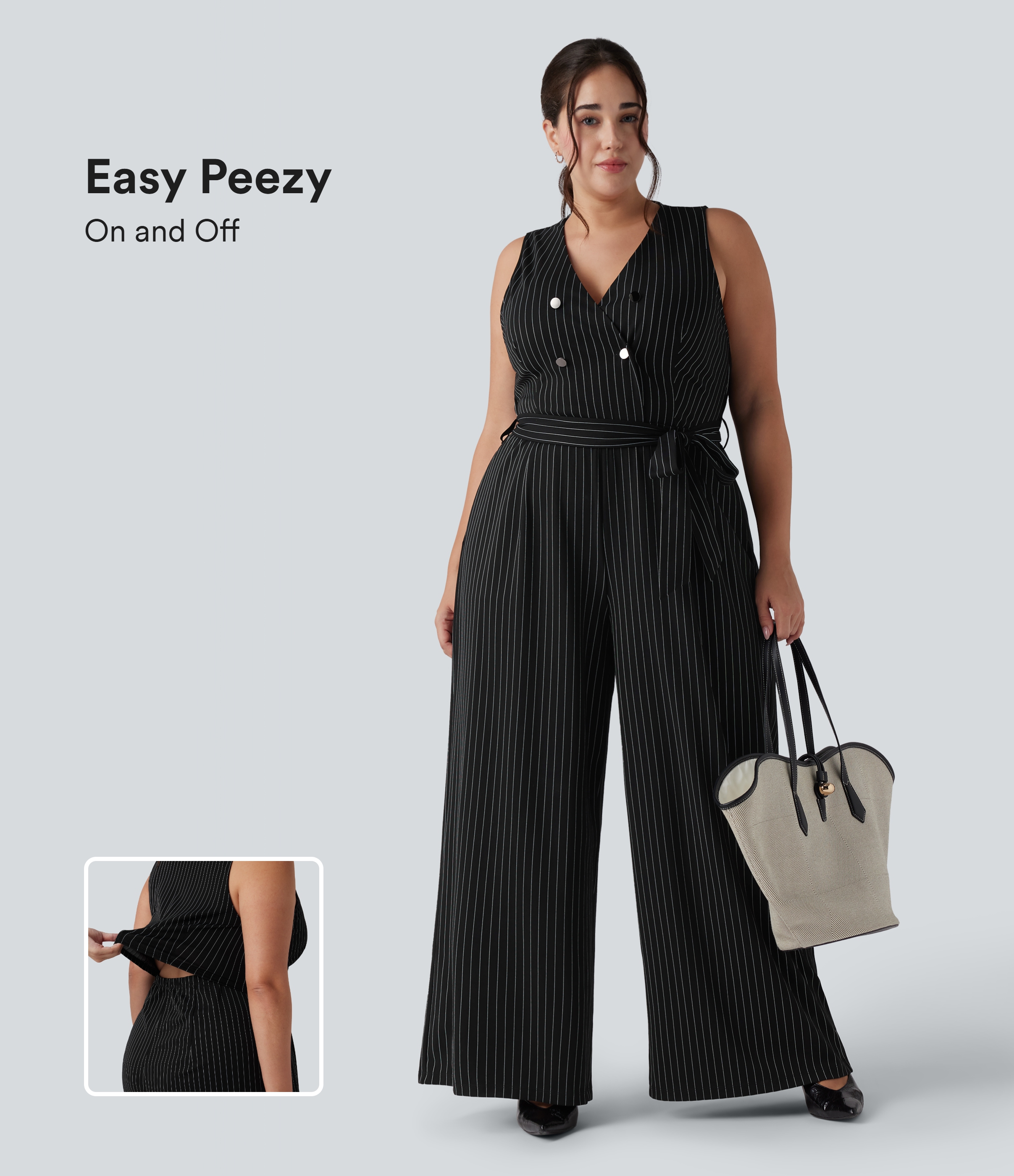 Combinaison grande taille col V sans manches ceinturée à rayures toucher frais avec poches - Easy Peasy