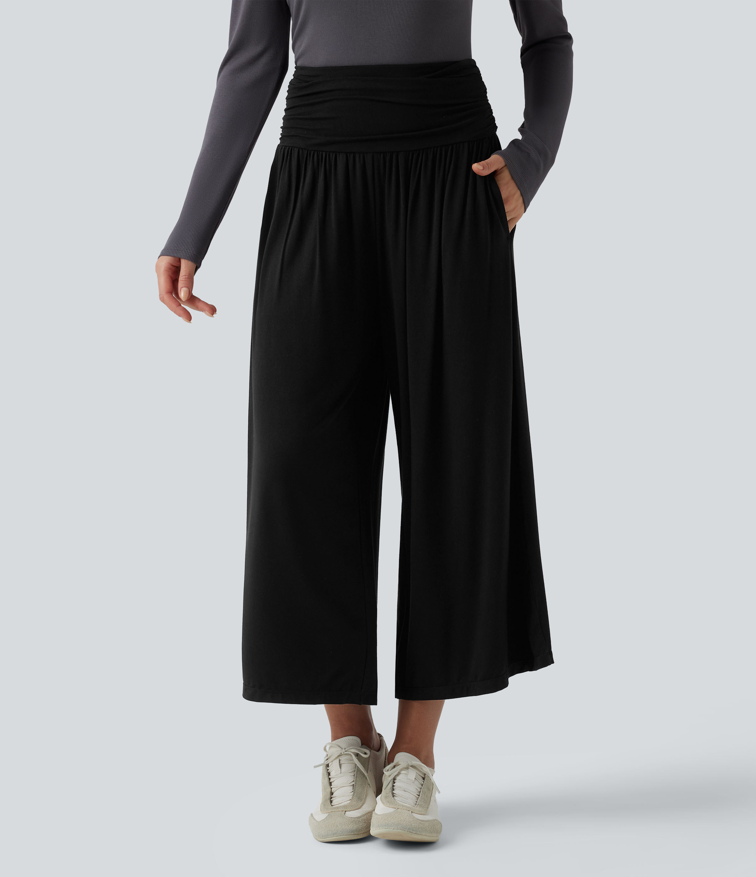 High Waisted Ruched Wide Leg Cropped Casual Pants with Pockets