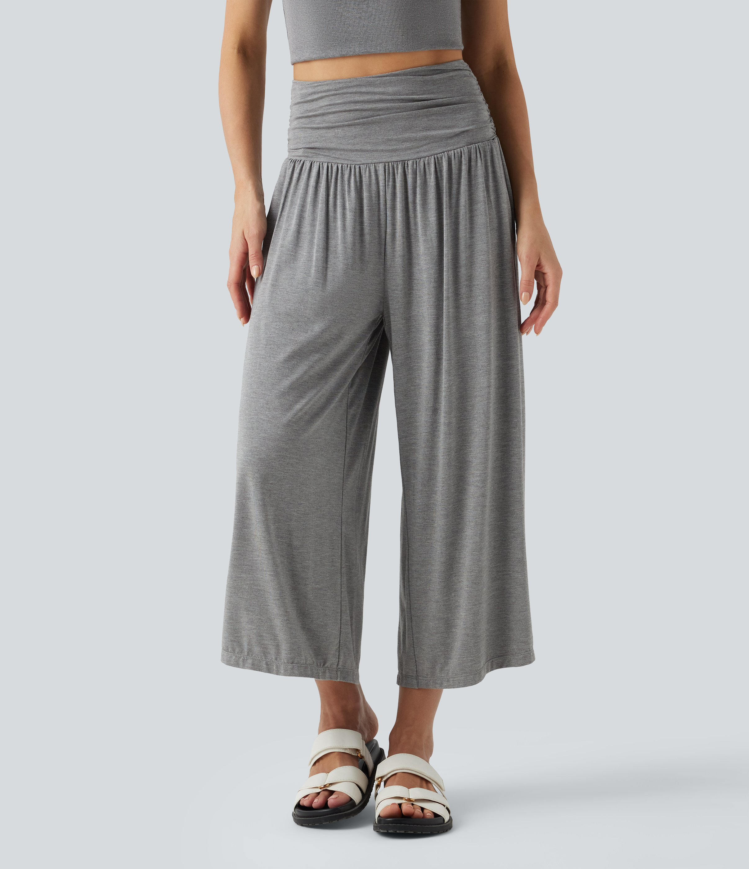 High Waisted Ruched Wide Leg Cropped Casual Pants with Pockets