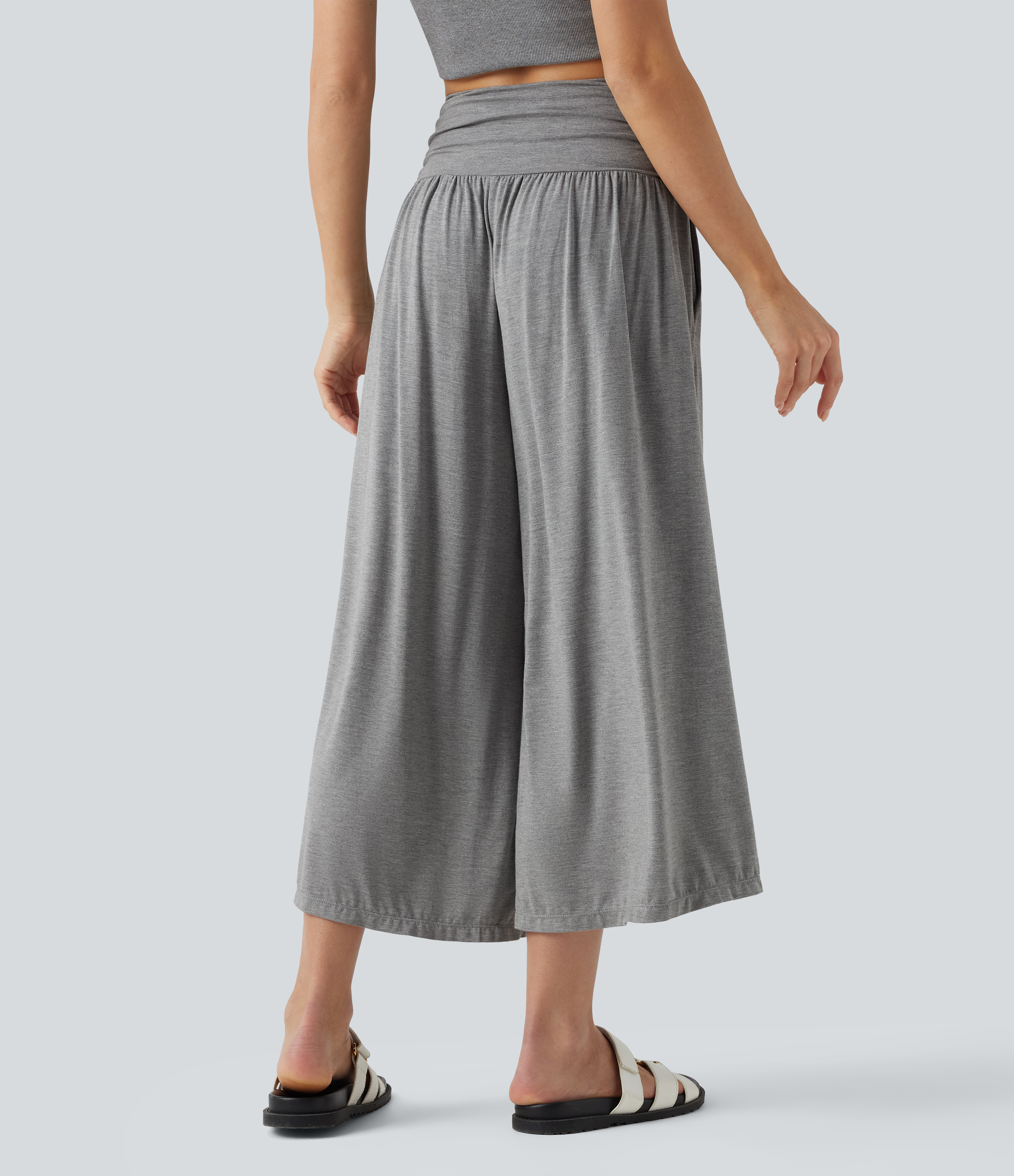 Fog Gray Pantalon court taille haute à fronces, à jambes larges, style décontracté, avec poches / 2