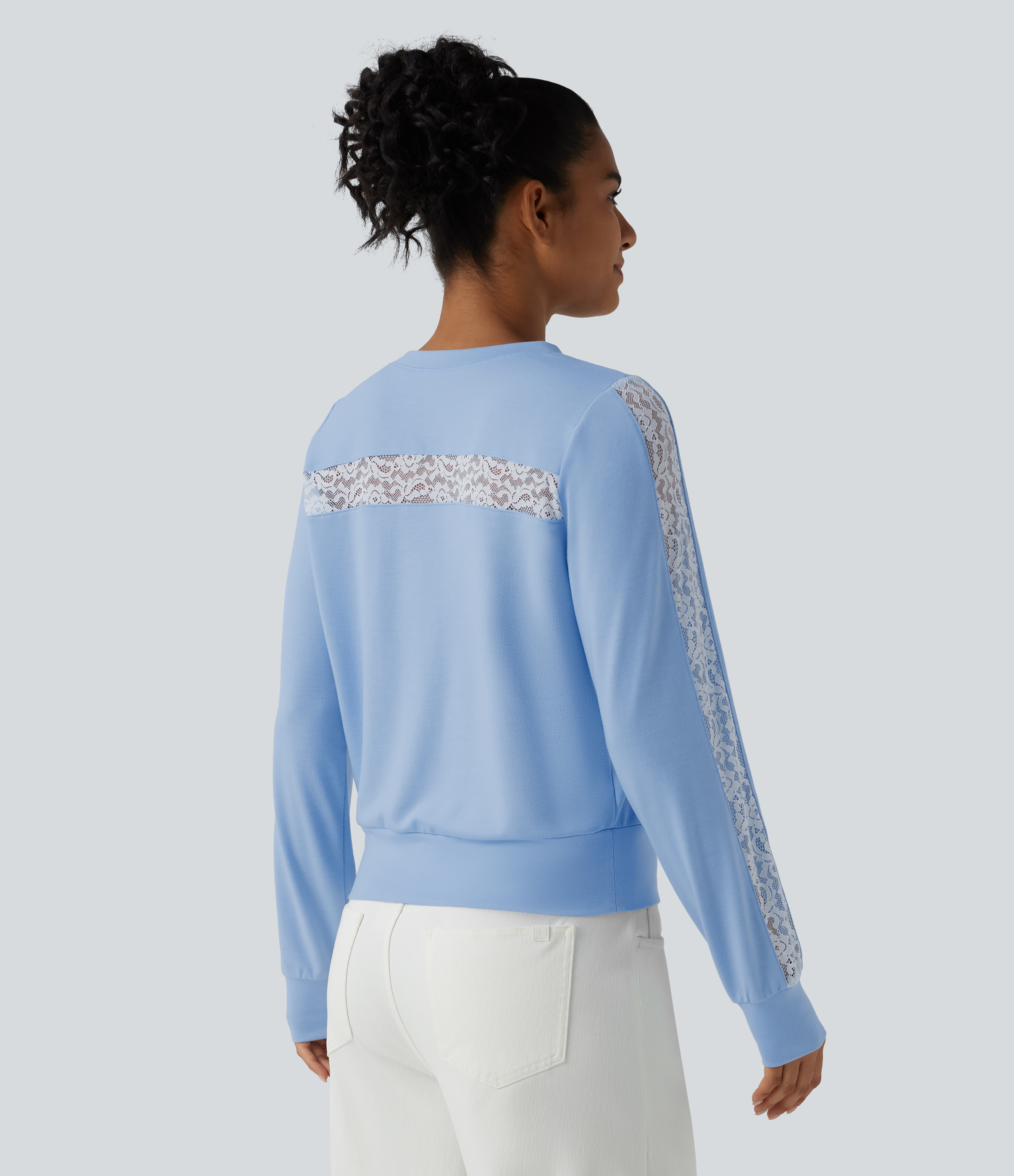 Round Neck Long Sleeve Contrast Lace Casual Sweatshirt