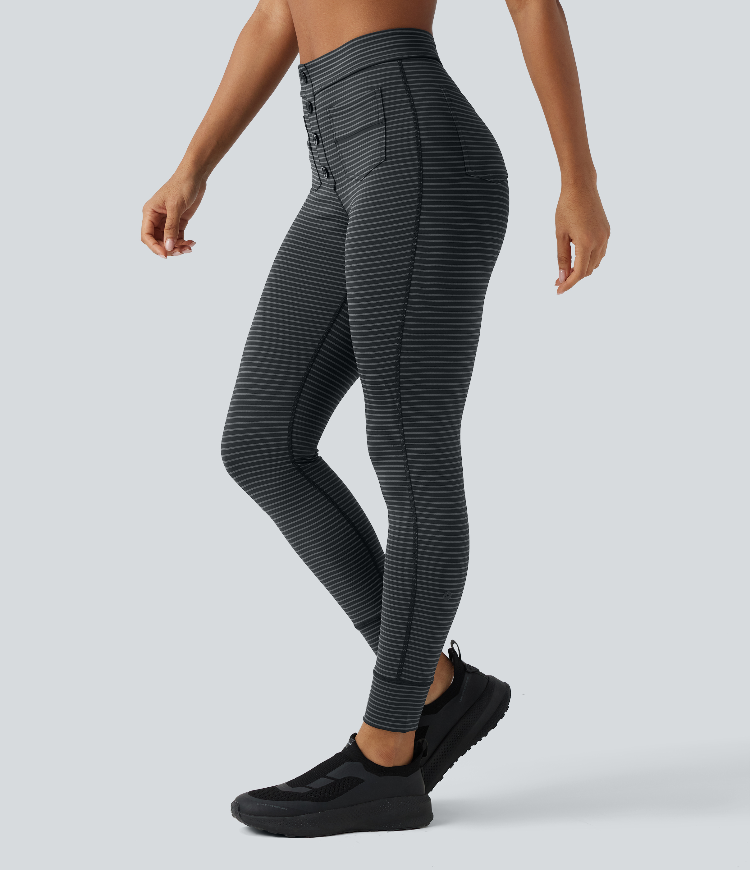 High Waisted Decorative Buttons Stripes Workout 7/8 Leggings with Pockets