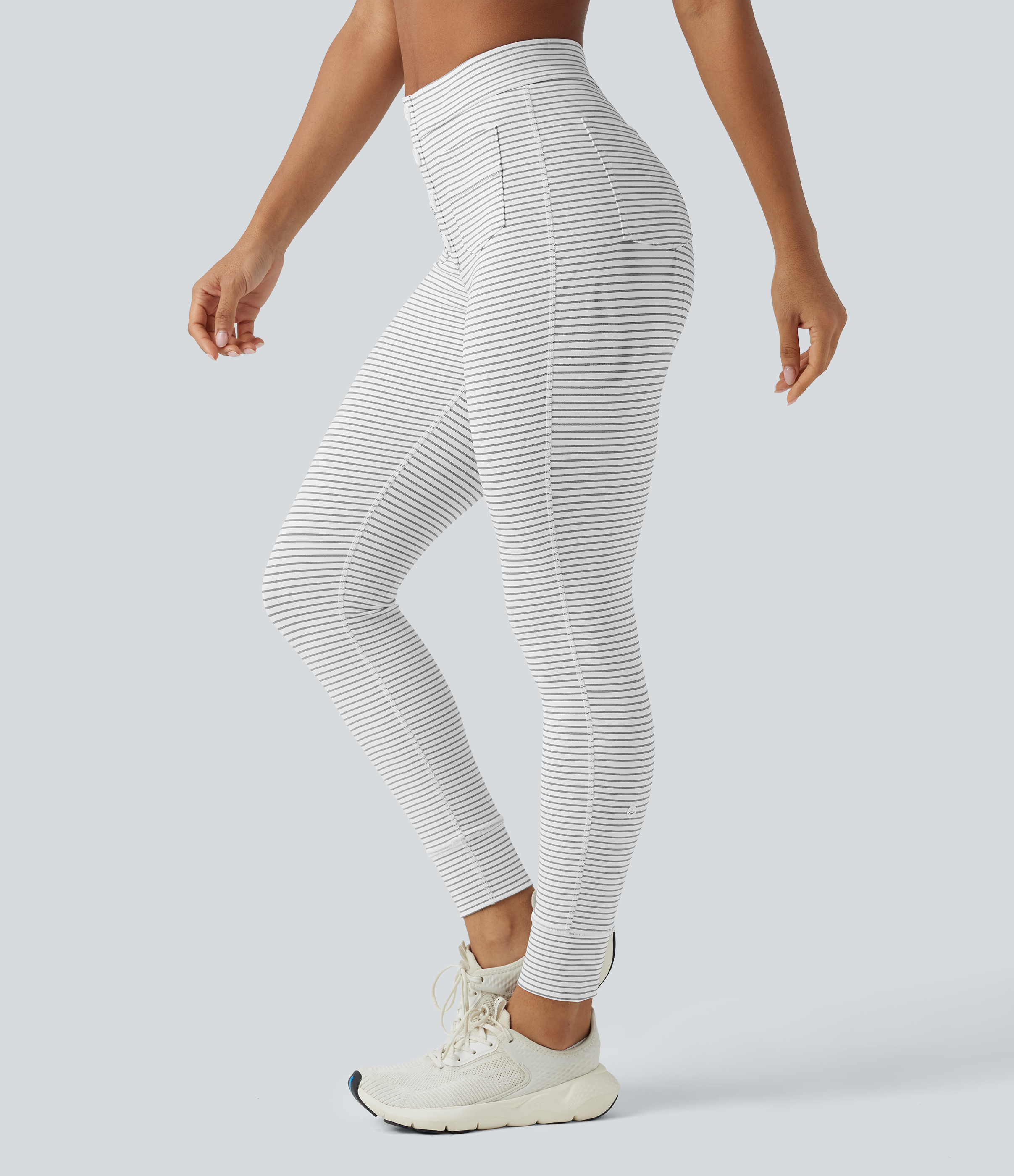 High Waisted Decorative Buttons Stripes Workout 7/8 Leggings with Pockets