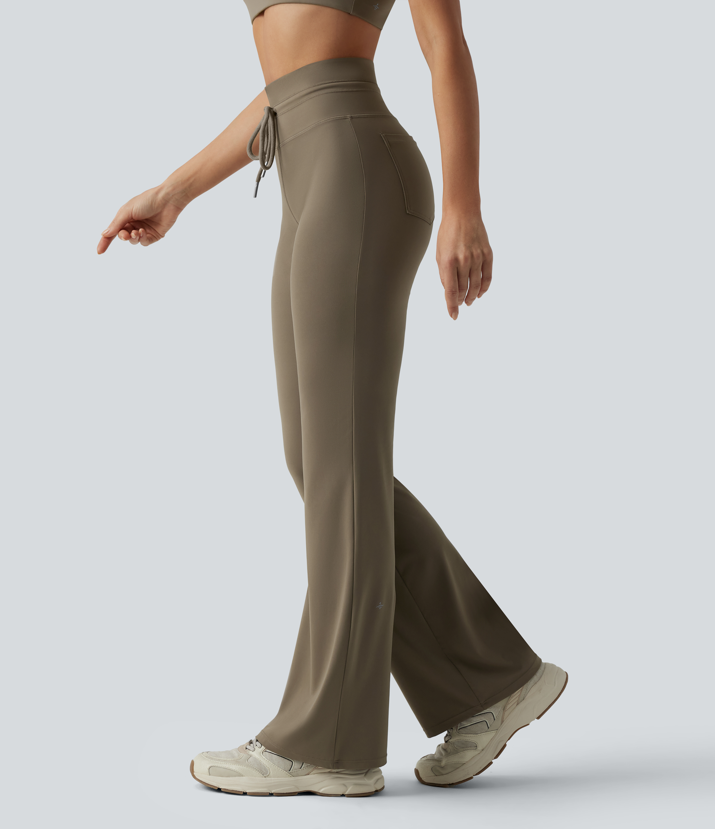 High Waisted Drawstring Plain Flare Yoga Pants with Pockets