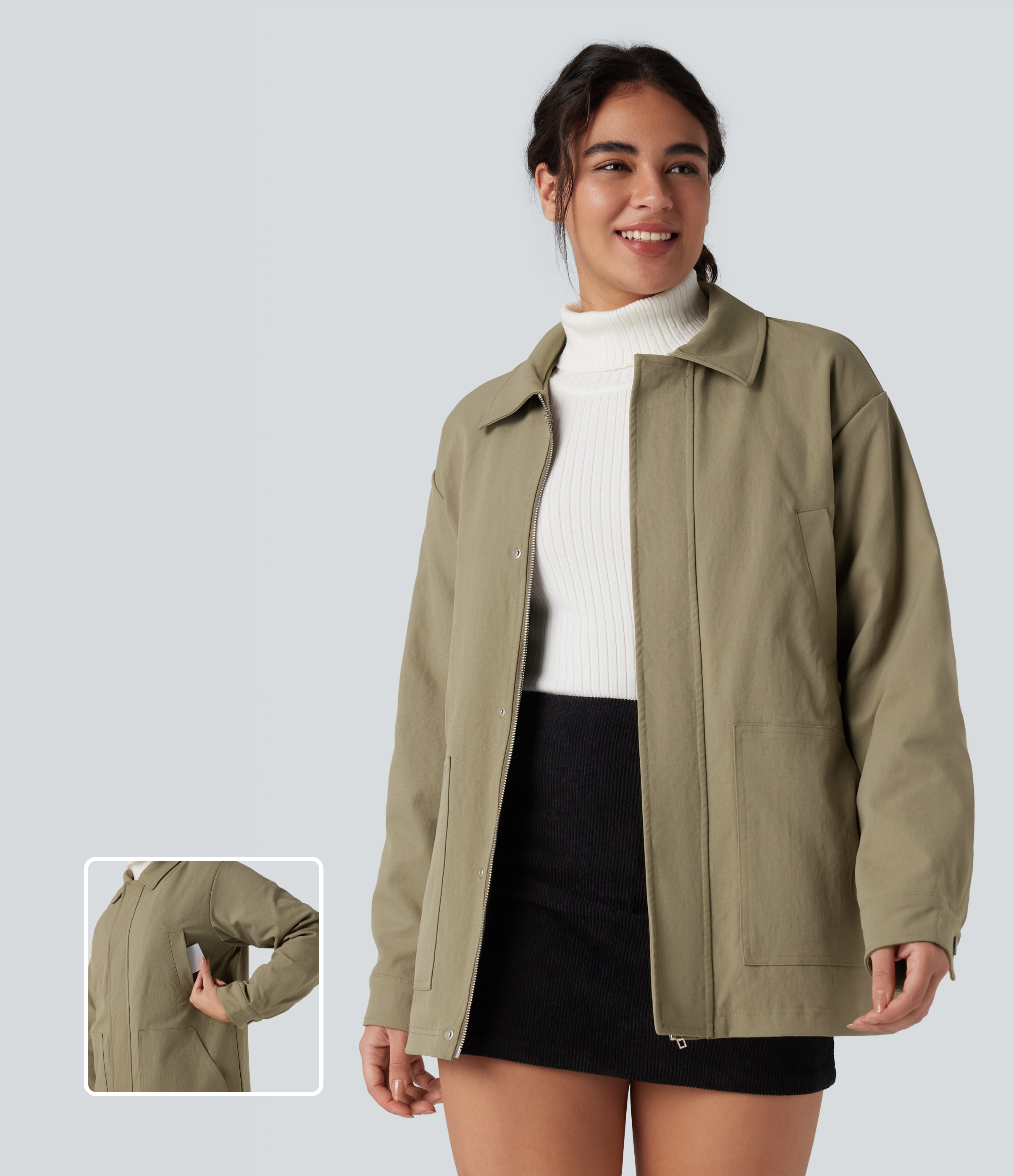 Zipper Long Sleeve Casual Shacket Padded Jacket with Pockets