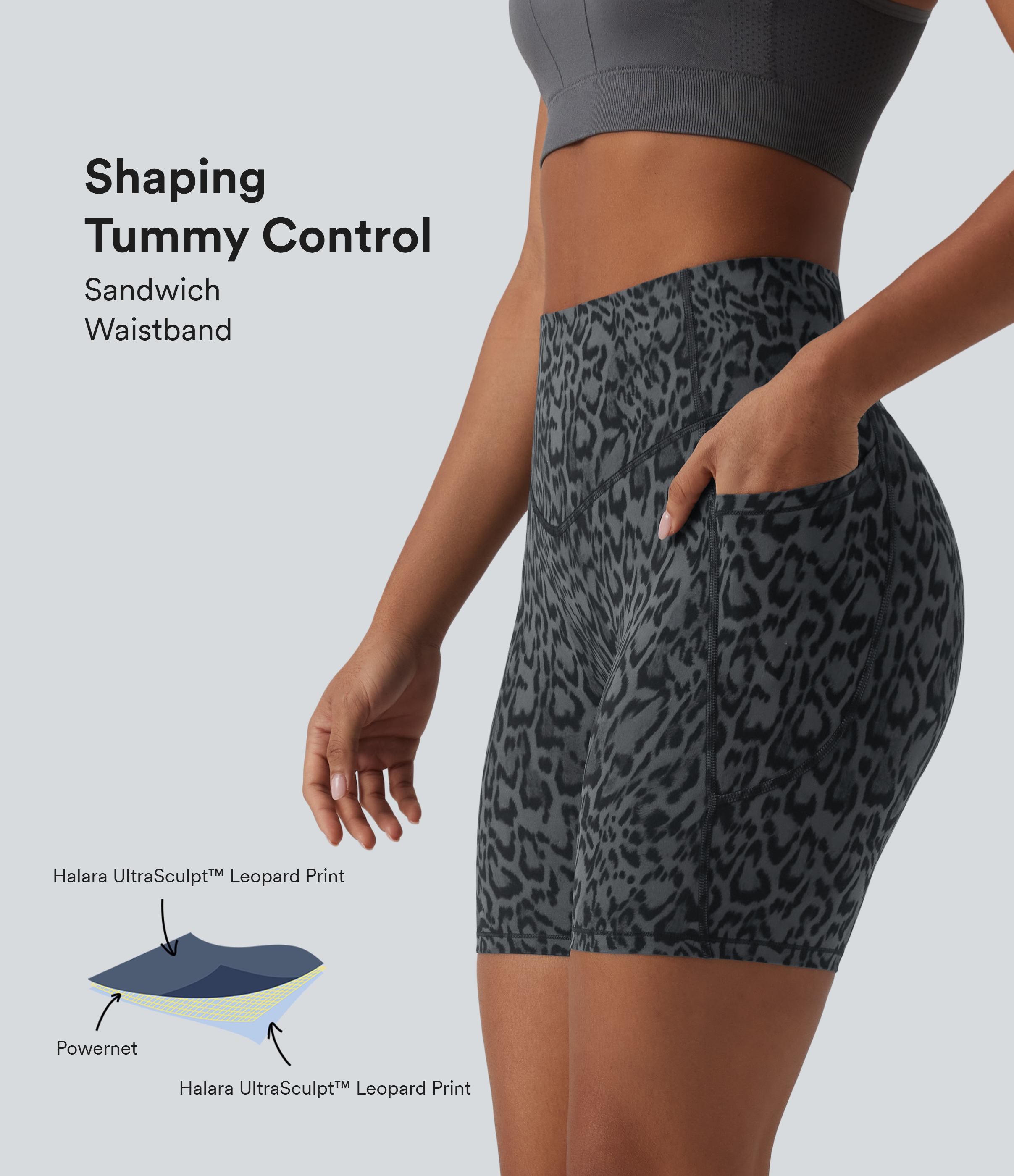 Halara UltraSculpt™ Leopard Print High Waisted Tummy Control Training Biker Shorts 7'' with Pockets