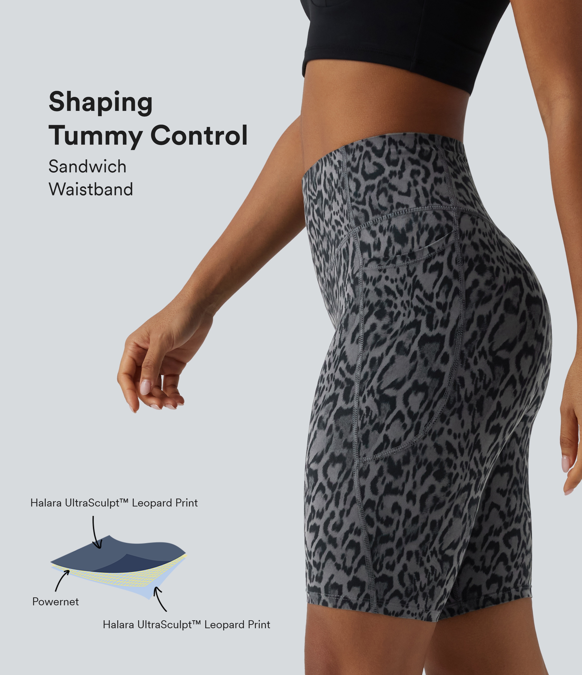 Halara UltraSculpt™ Leopard Print High Waisted Tummy Control Training Biker Shorts 9'' with Pockets