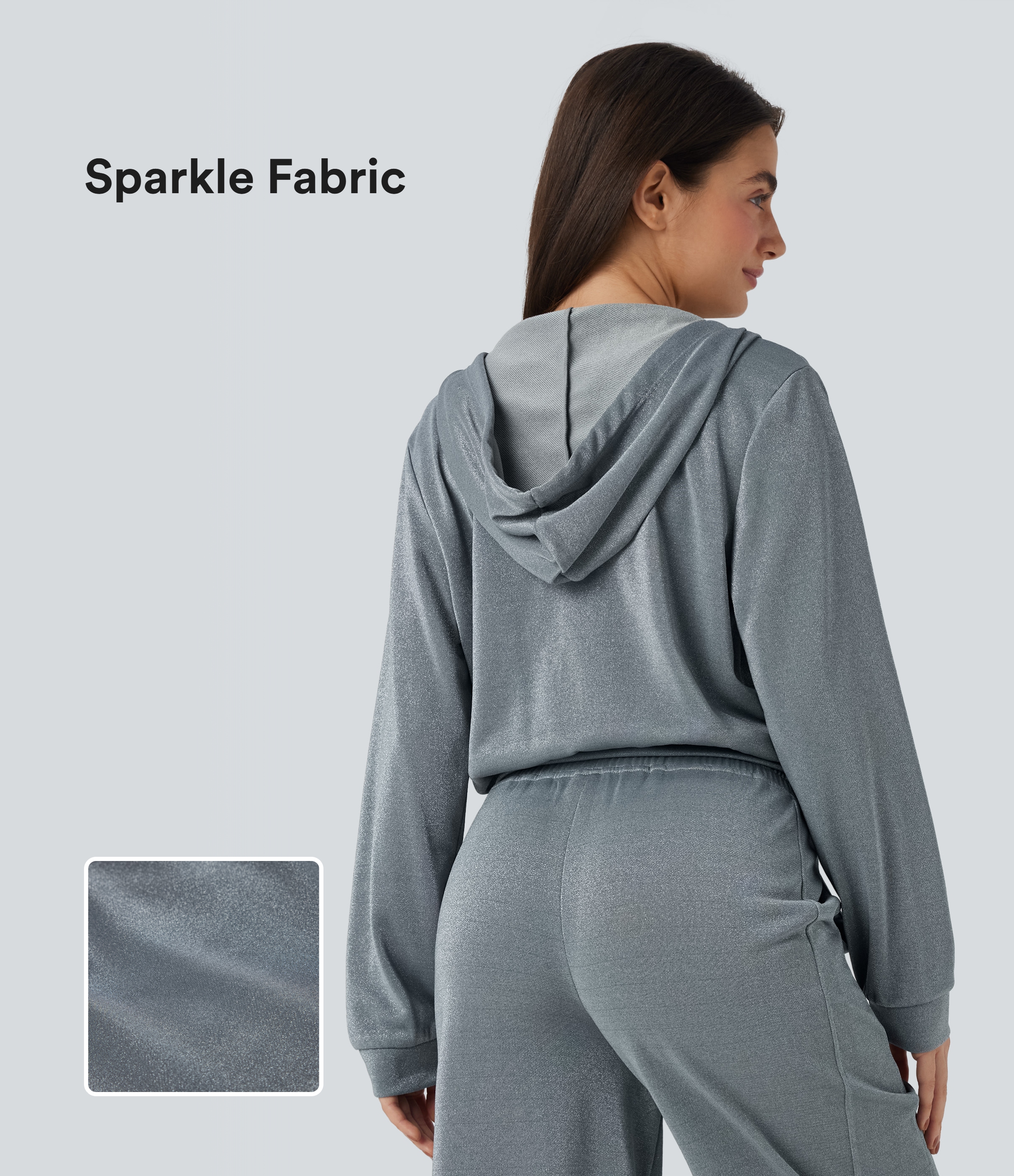 Hooded Long Sleeve Zip Fly Drawstring Relaxed Fit Sparkle Casual Sweatshirt