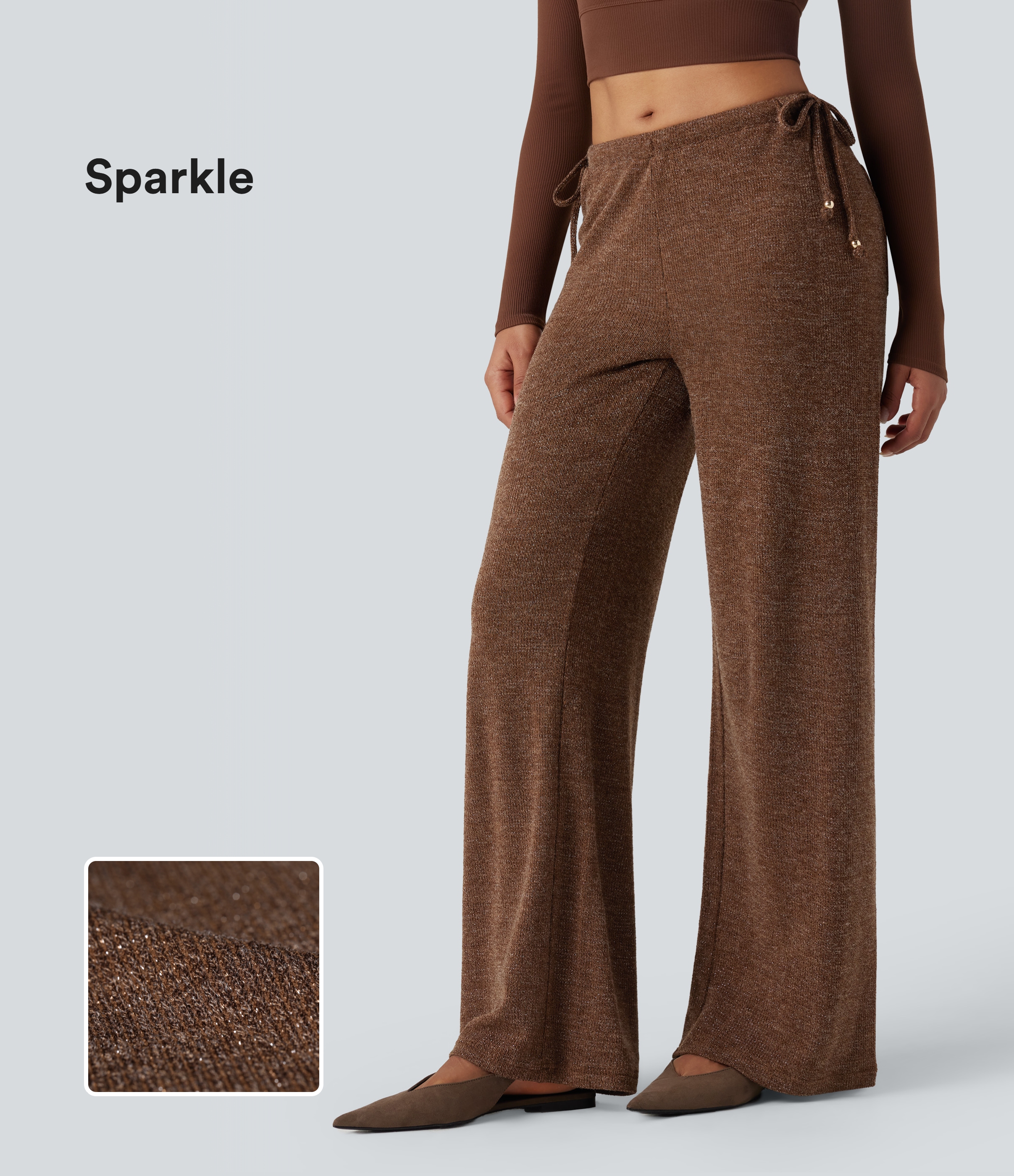 Cocoa Light Brown Ribbed Knit Sparkle Mid Rise Drawstring Wide Leg Casual Pants with Pockets / 1