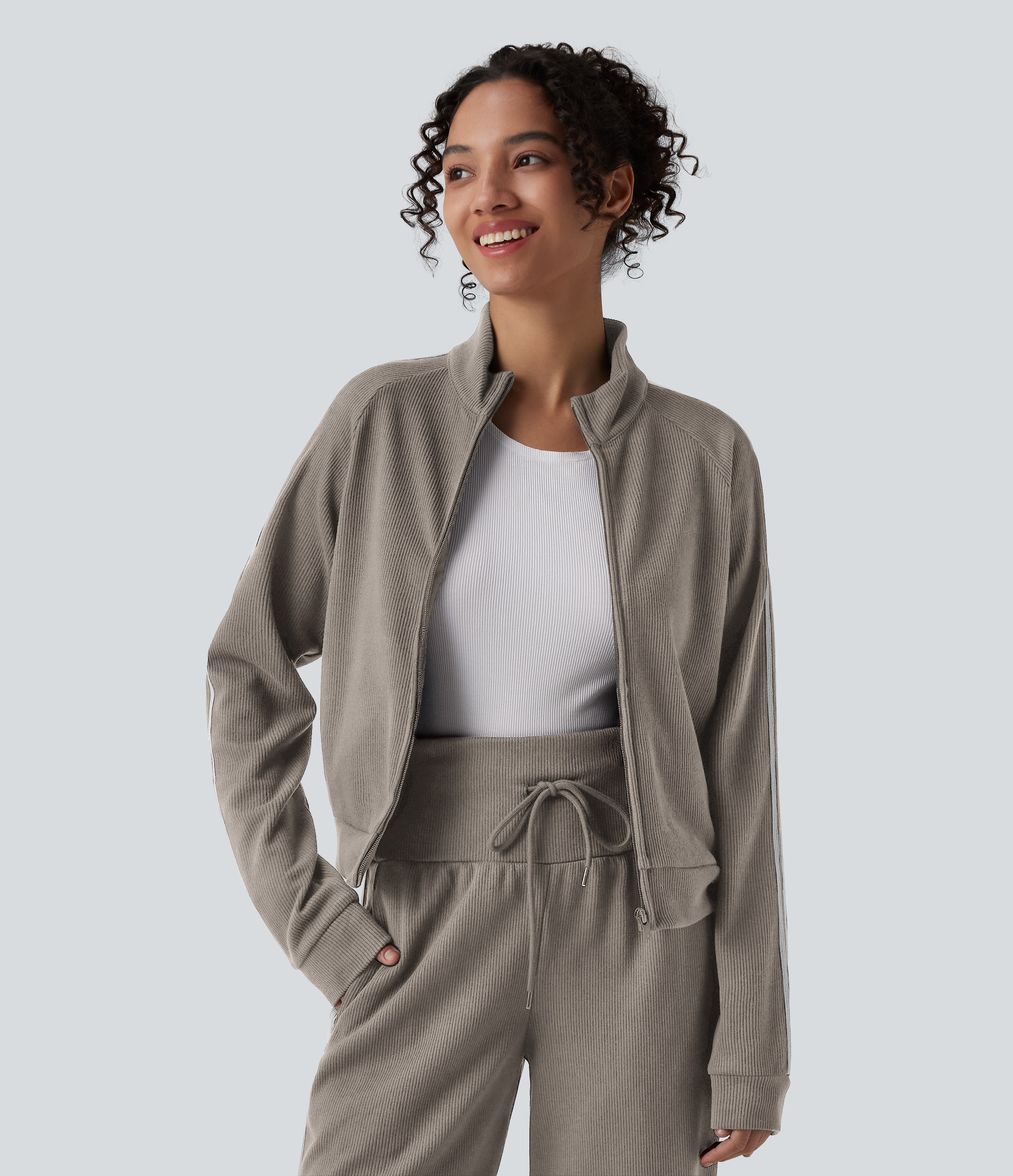 Ribbed Stand Collar Long Sleeve Zipper Color Block Casual Jacket with Pockets