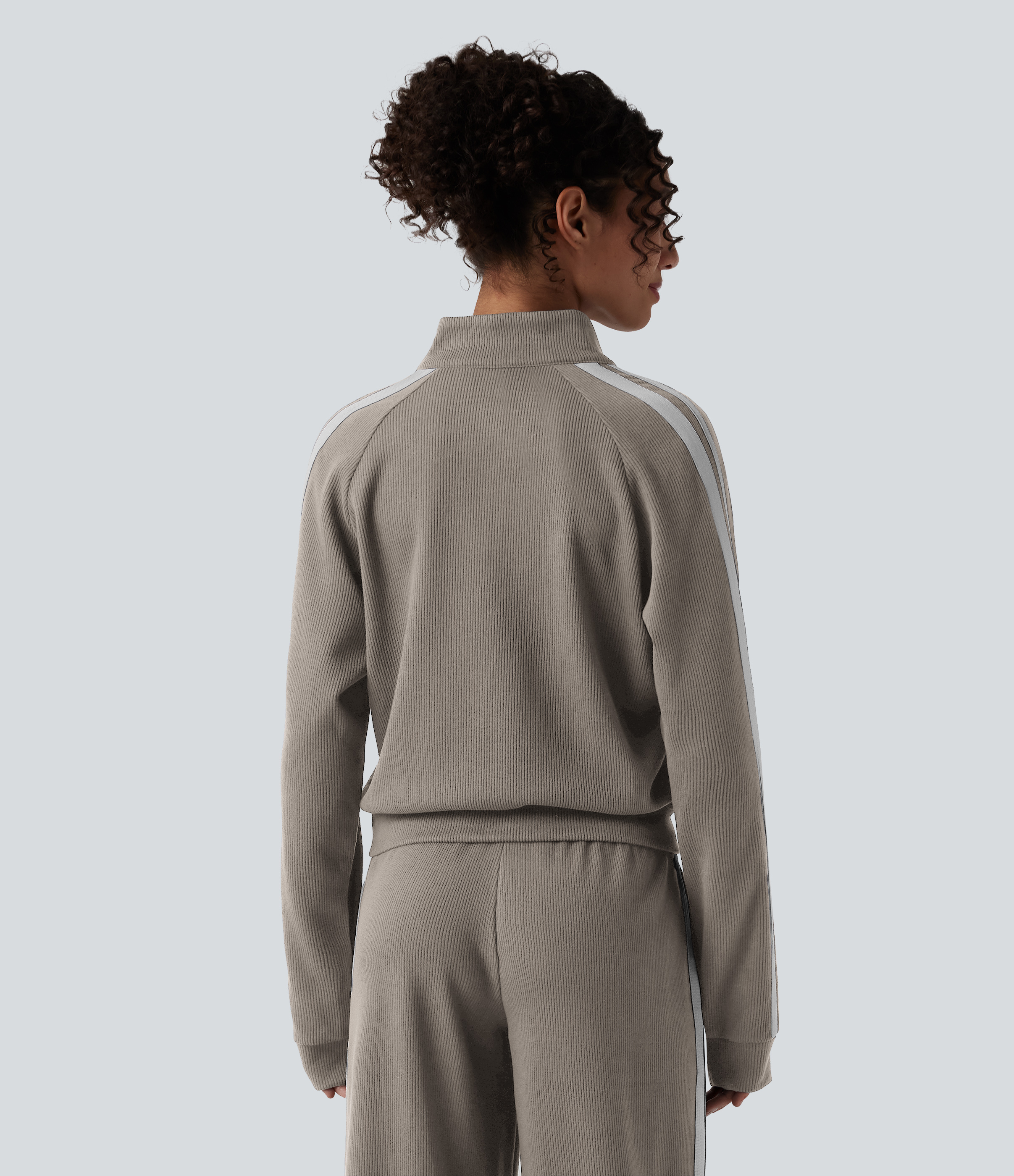 Earth Beige  Ribbed Stand Collar Long Sleeve Zipper Color Block Casual Jacket with Pockets / 2