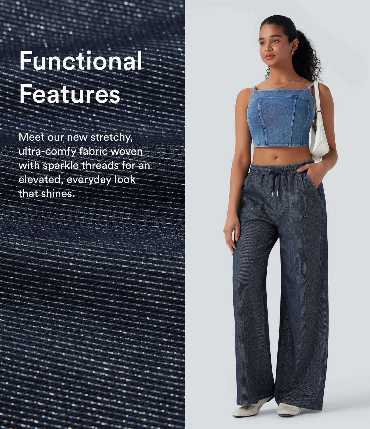 Pageant Blue Denim Halara Flex™ Low Rise Drawstring Wide Leg Silver Shine Casual Sweatpants Jeans with Pockets / 2