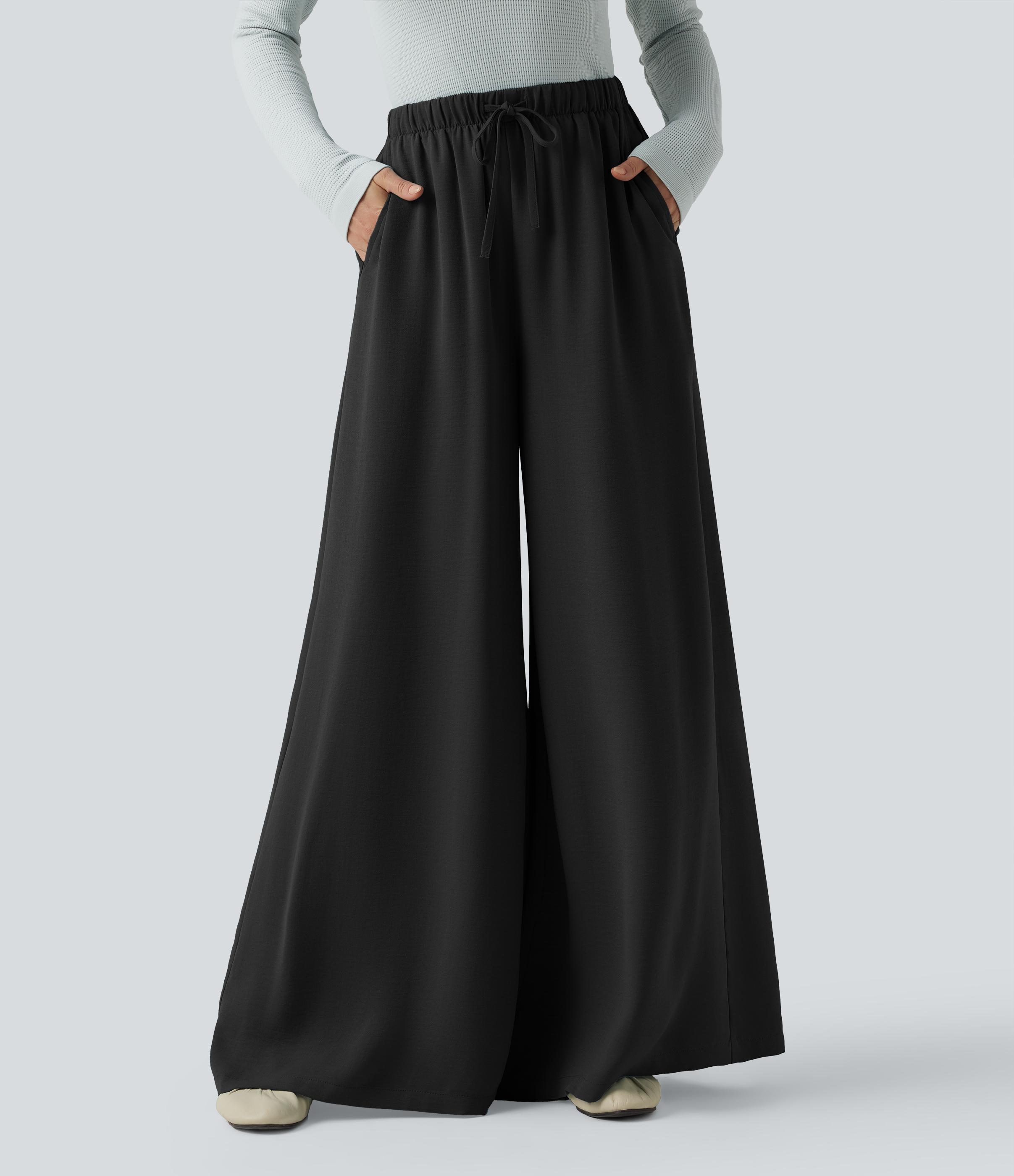 High Waisted Drawstring Linen-Feel Casual Flowy Baggy Pants with Pockets