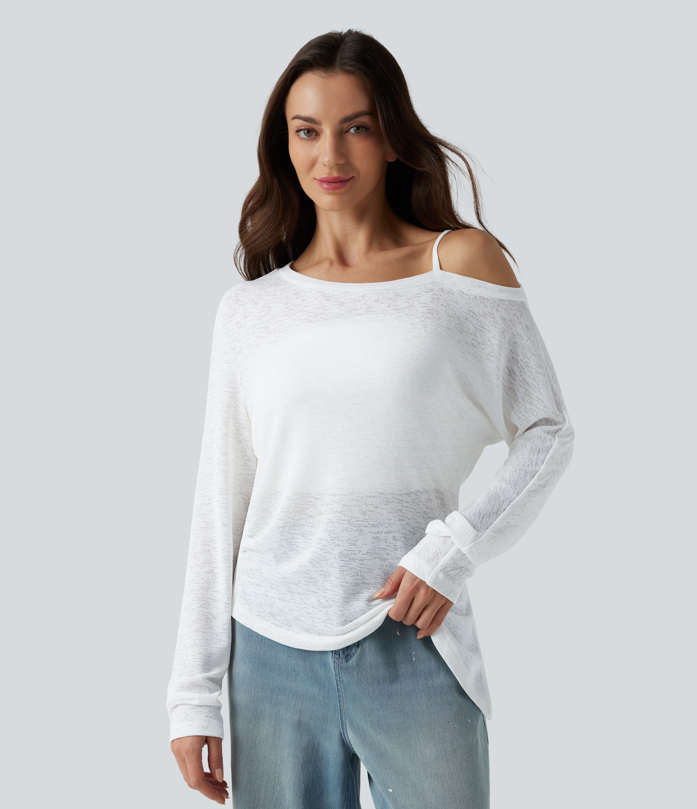 Casual semi-sheer, one-shoulder off-the-shoulder T-shirt with long sleeves and an asymmetrical hem