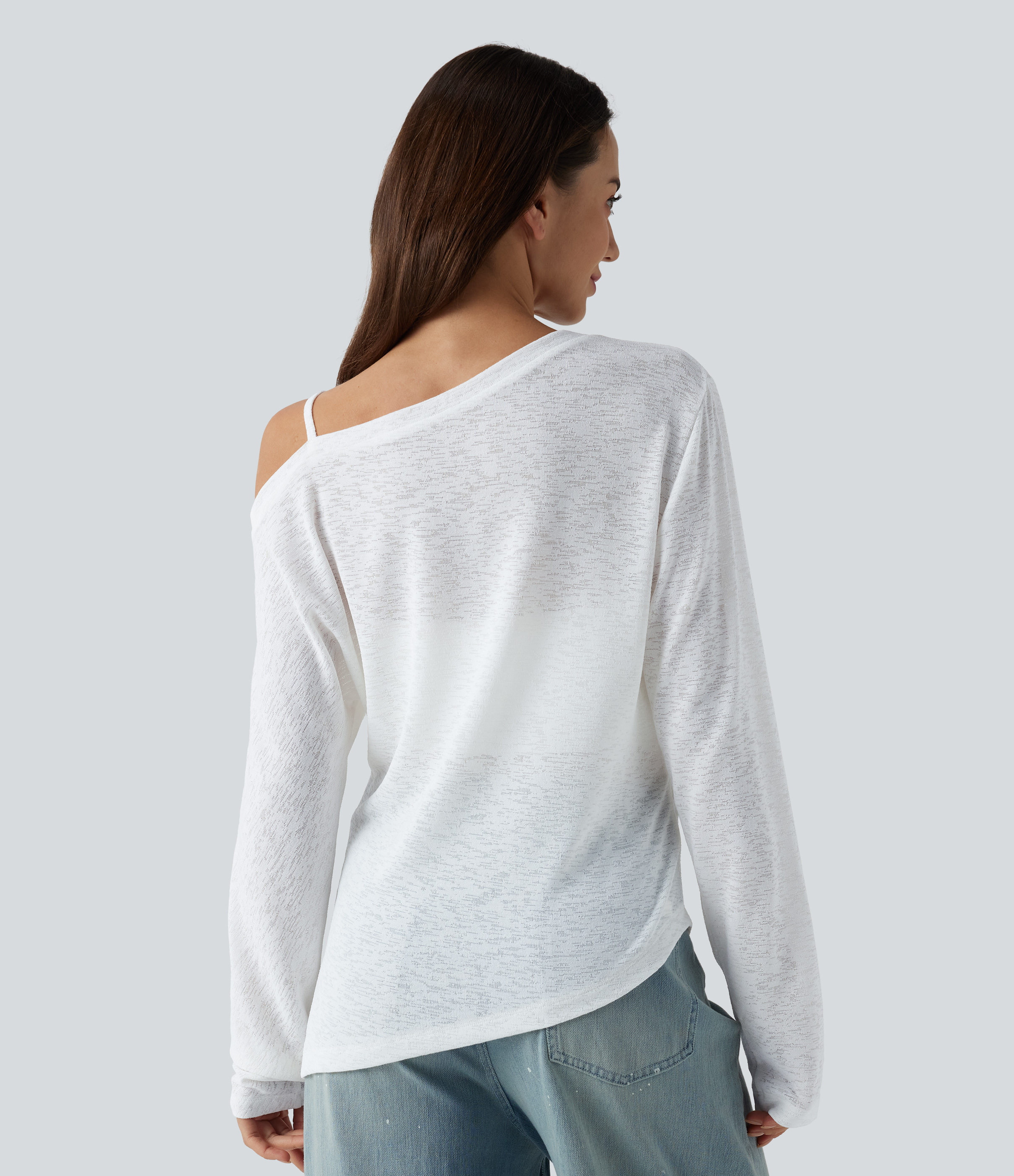 White Semi Sheer One Shoulder Long Sleeve Asymmetric Hem Casual T-Shirt / 2