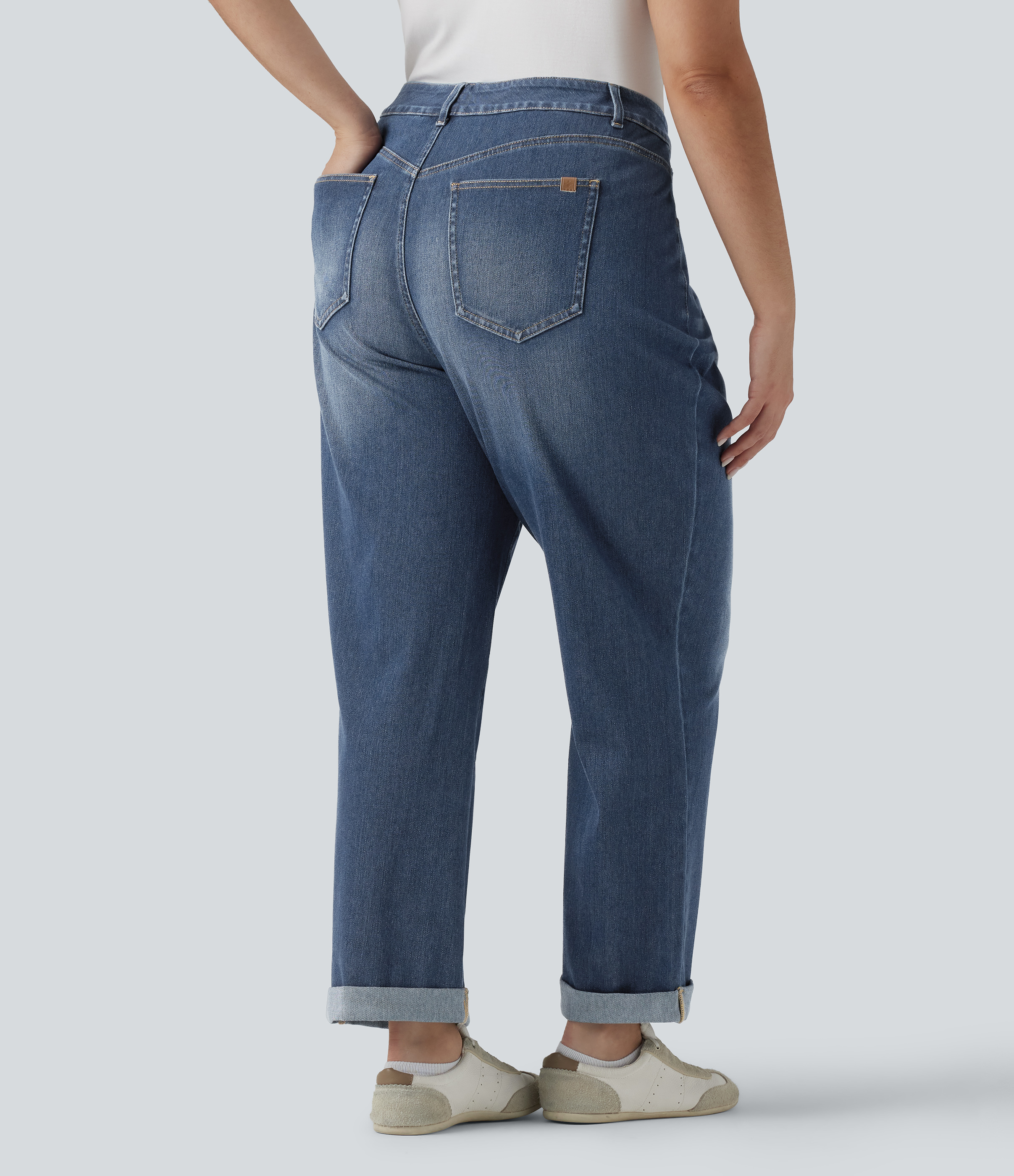 Estate Blue Denim Plus Size Halara Flex™ High Waisted Rolled Hem Casaul Slim Jeans with Pockets / 2