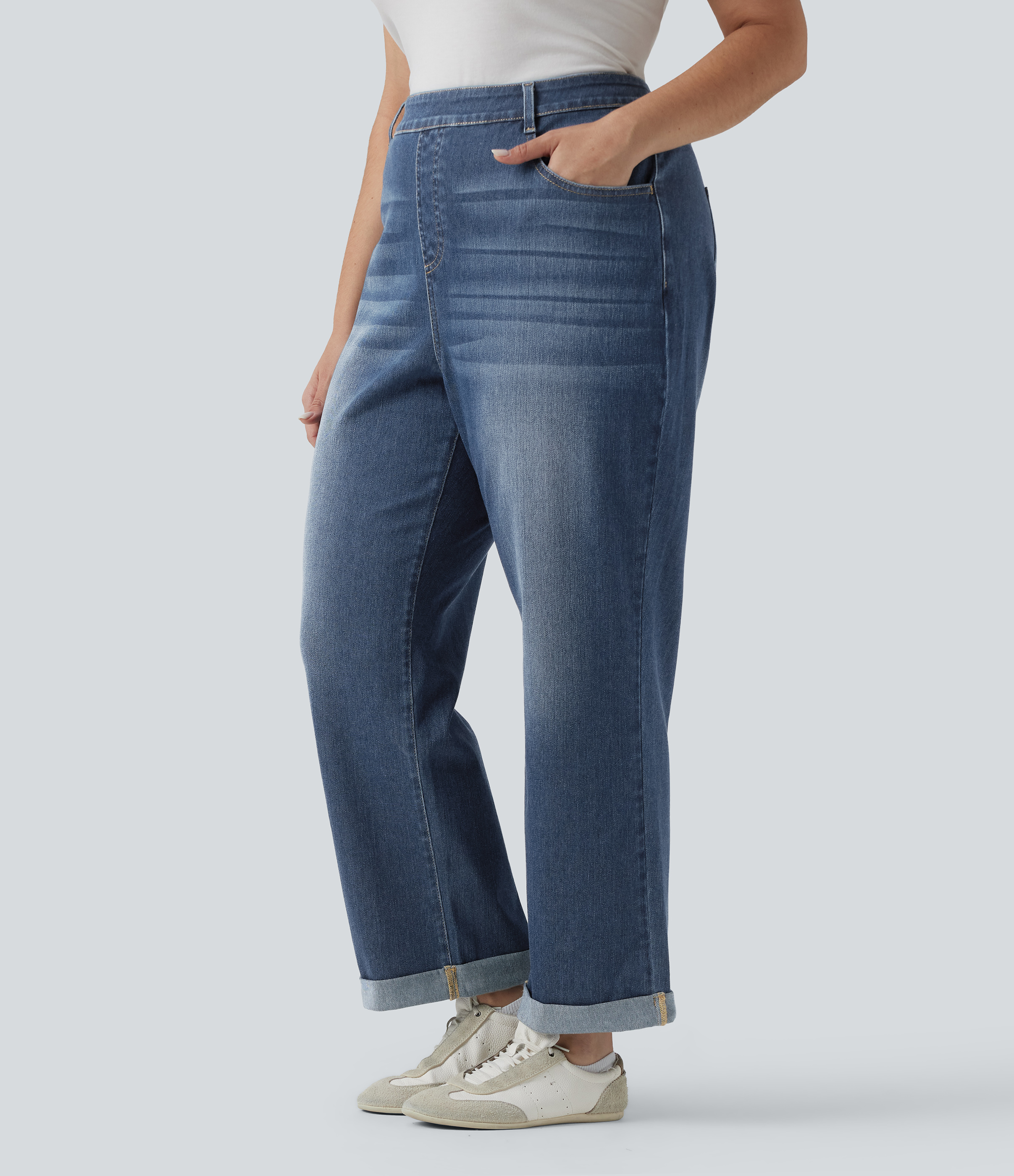 Plus Size Halara Flex™ High Waisted Rolled Hem Casaul Slim Jeans with Pockets