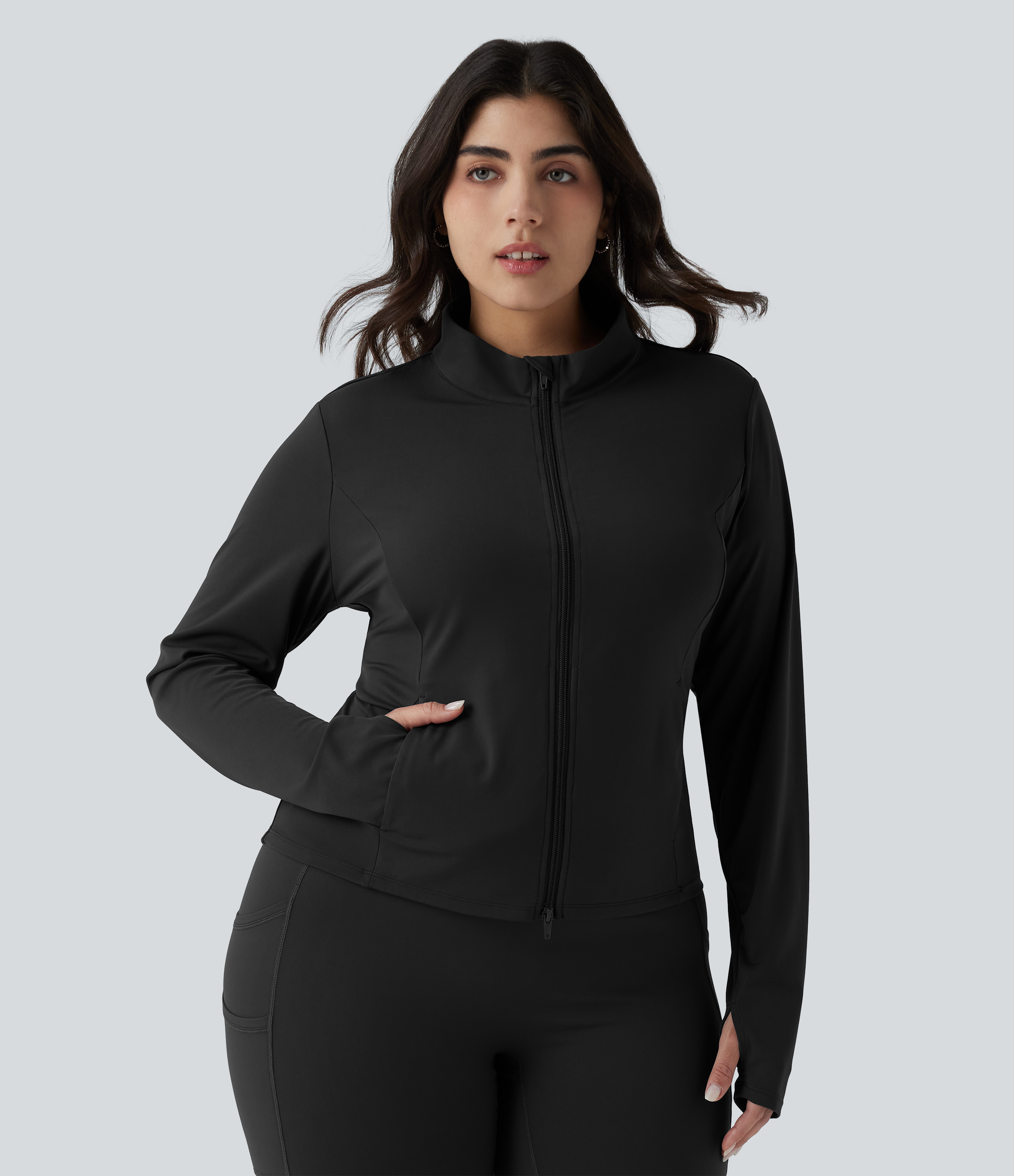 Black SoftlyZero™ Stand Collar Thumb Hole Pockets Pleated Zipper Slim Hiking Plus Size Jacket-UPF50+ / 2
