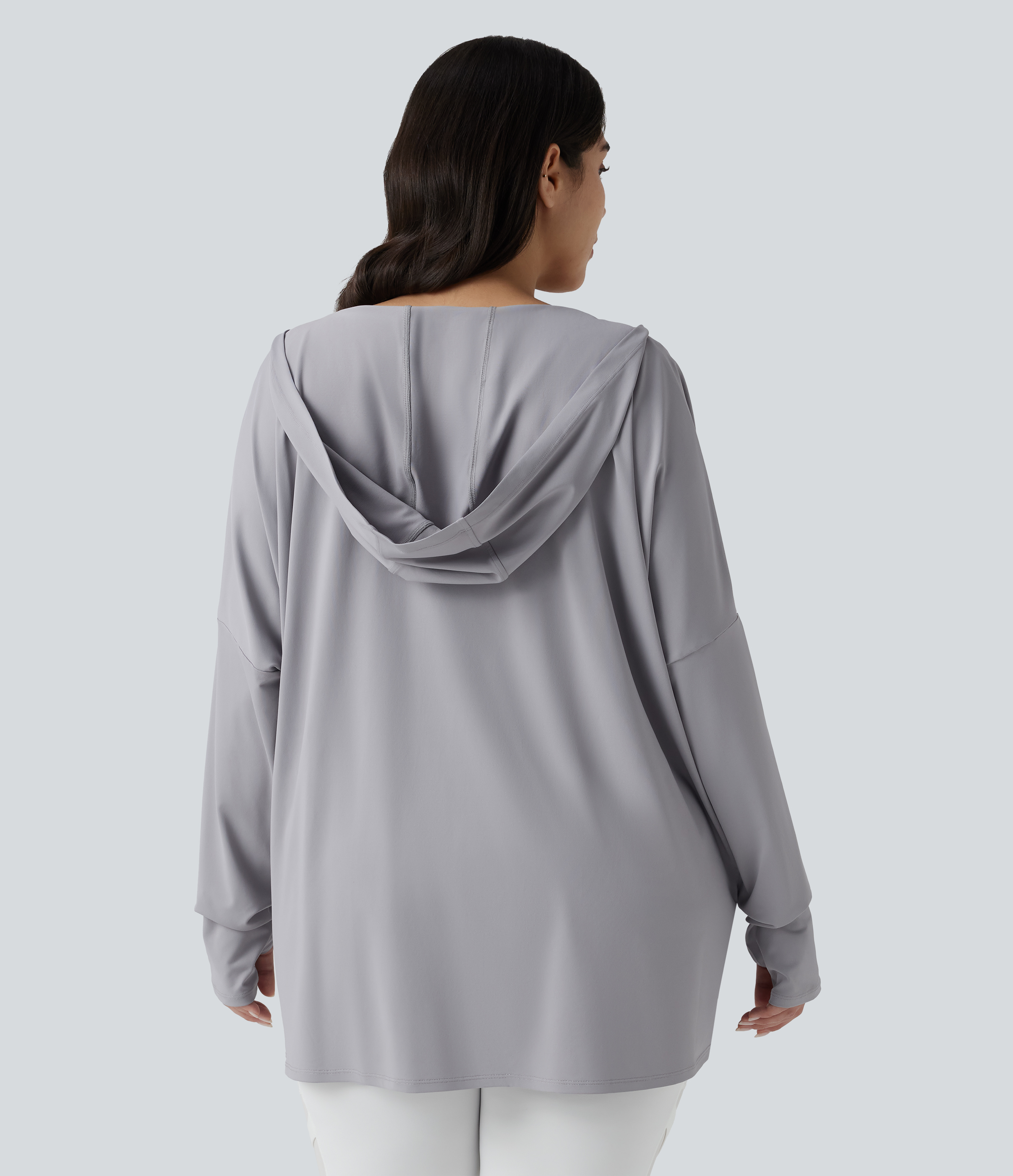 Mist Grey Plus Size Hooded Cowl Neck Long Sleeve Thumb Hole Yoga Sports Top with Pockets / 2
