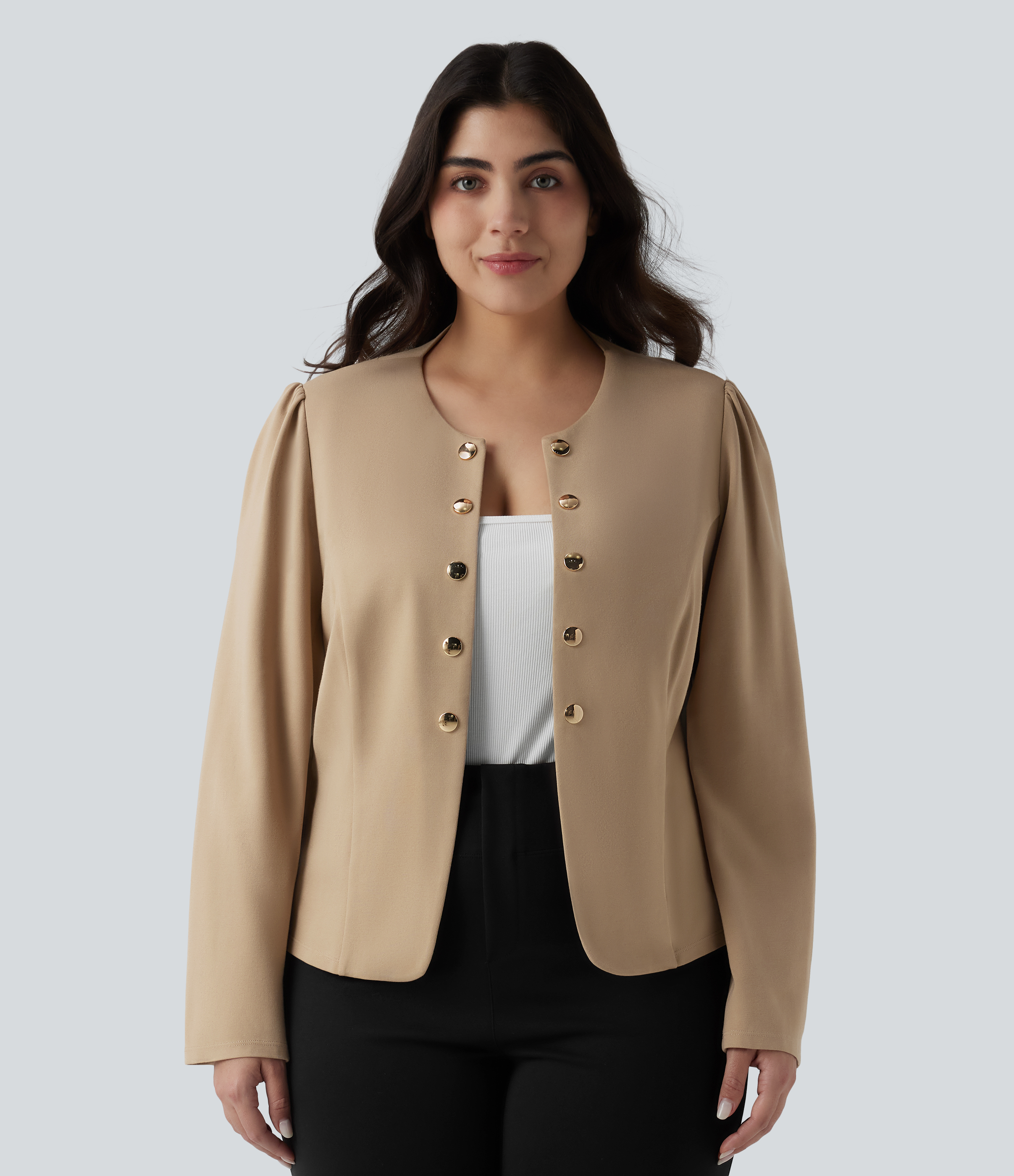 Blazer tailleur grande taille ajusté à col rond et manches longues