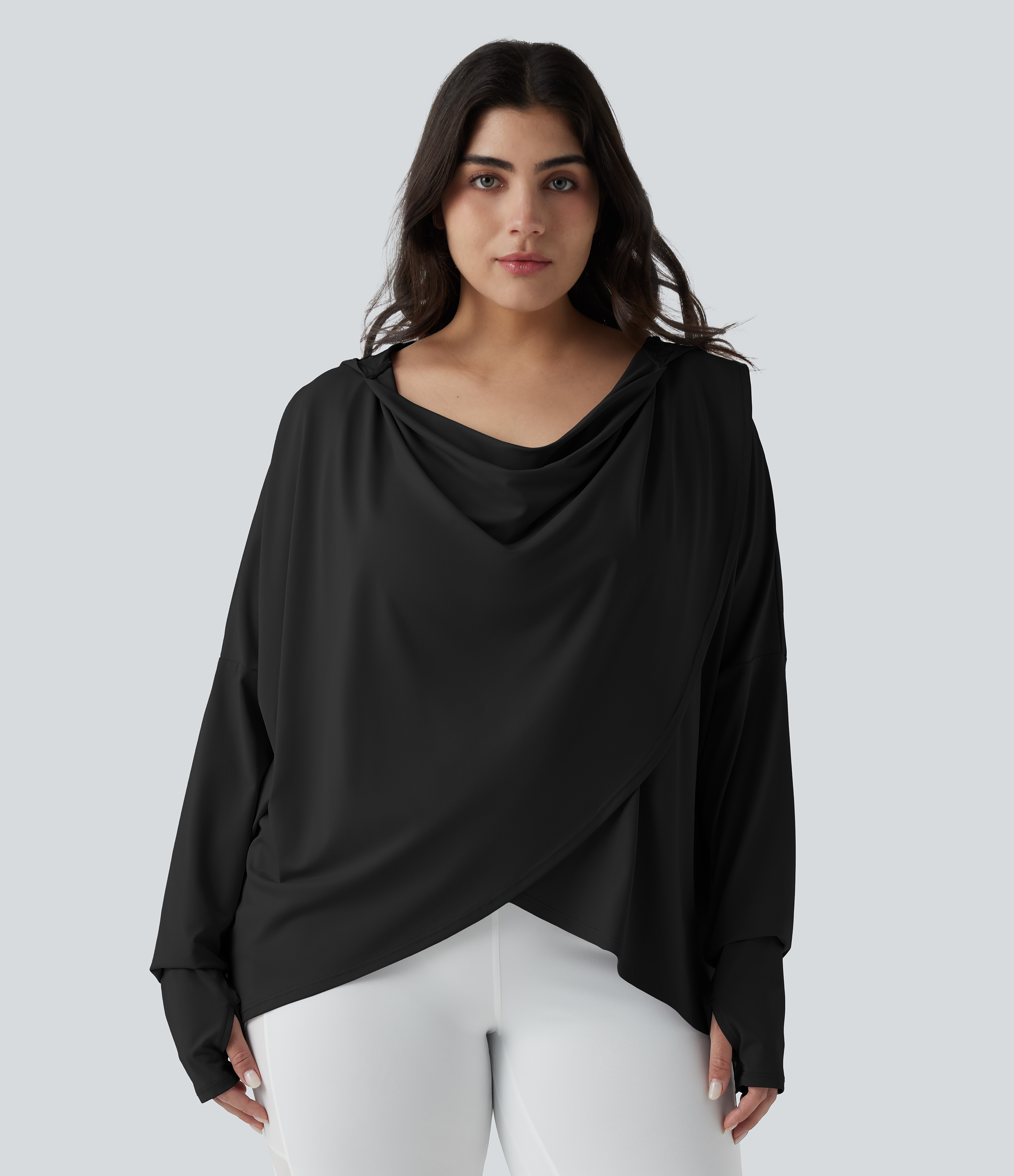 Halara Plus Size Hooded Cowl Neck Long Sleeve Thumb Hole Yoga Sports Top with Pockets