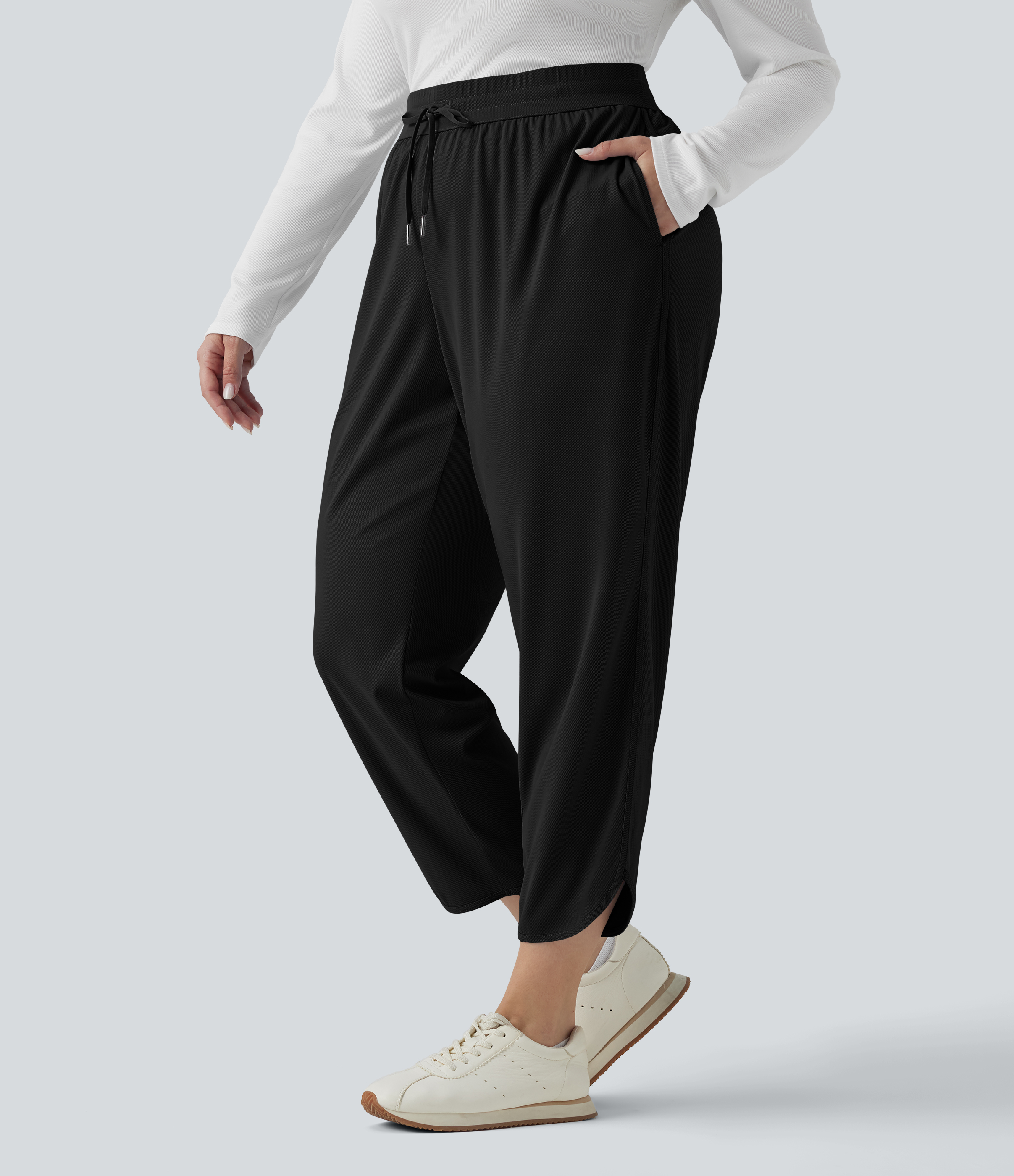 Plus Size Mid Rise Drawstring Curved Hem Quick Dry Golf Tapered Pants with Pockets-UPF40+