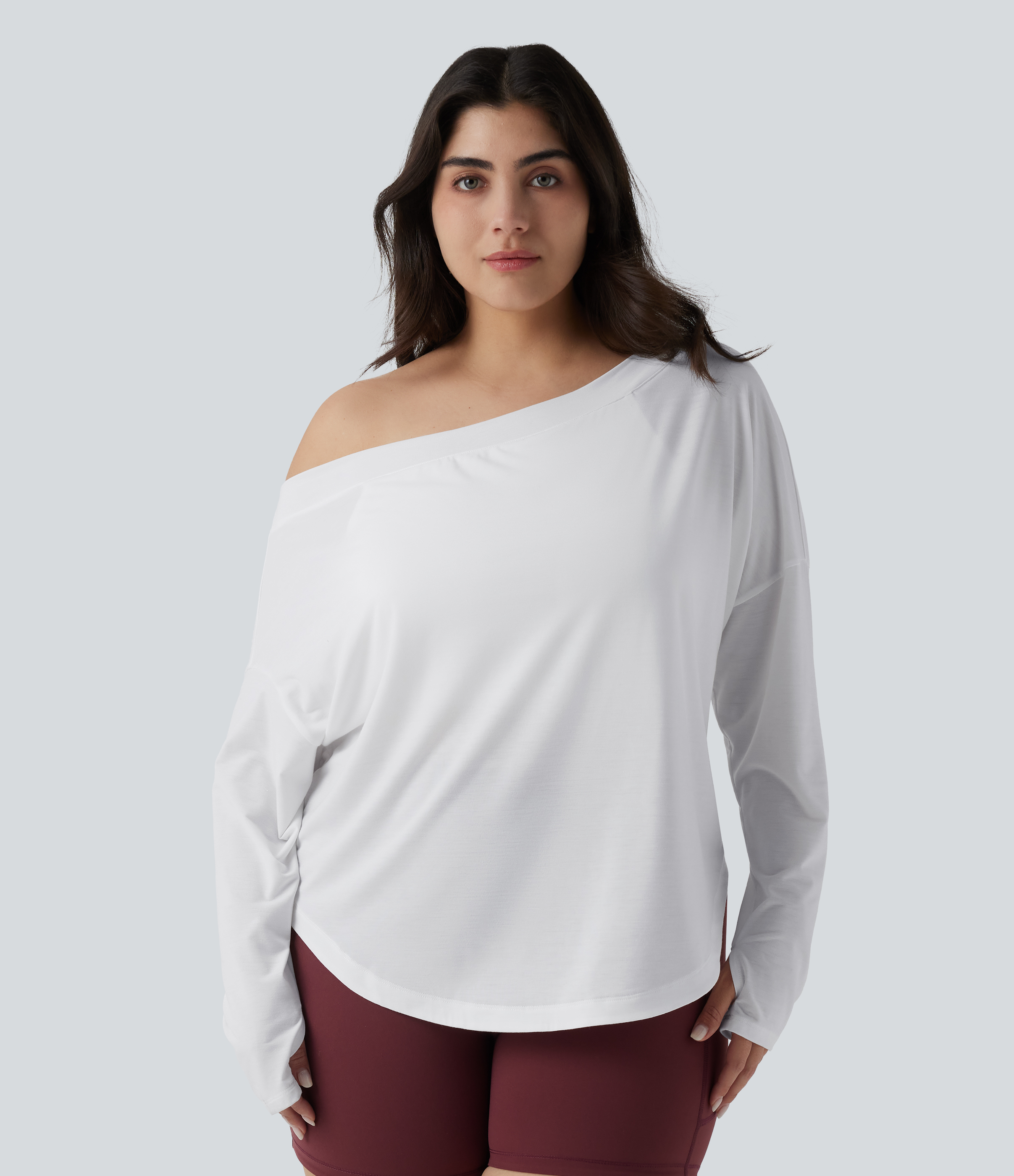 White One Shoulder Long Sleeve Thumb Hole Curved Hem High Low Quick Dry Yoga Plus Size Sports Top-Built-in Bra / 2