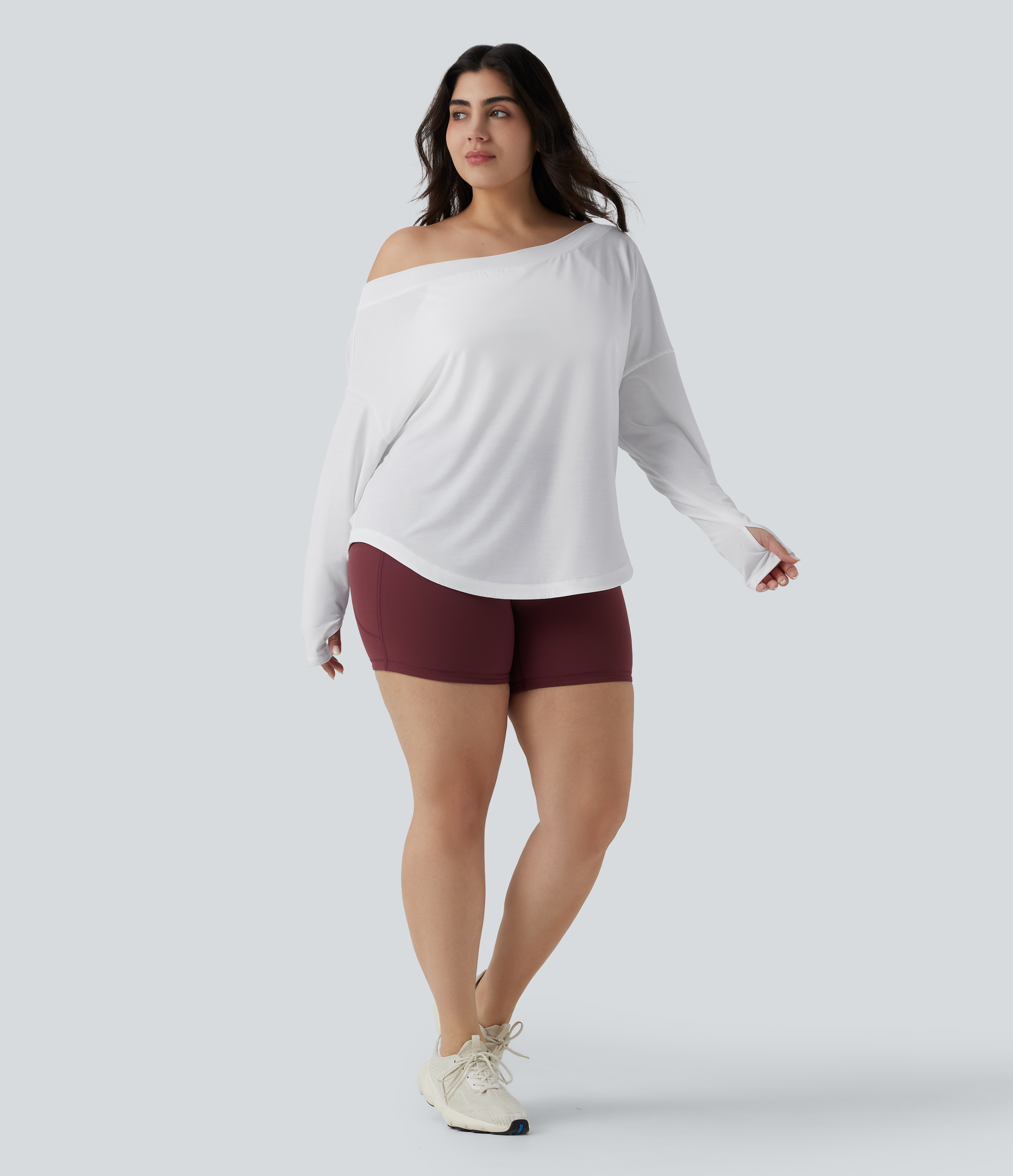 One Shoulder Long Sleeve Thumb Hole Curved Hem High Low Quick Dry Yoga Plus Size Sports Top-Built-in Bra