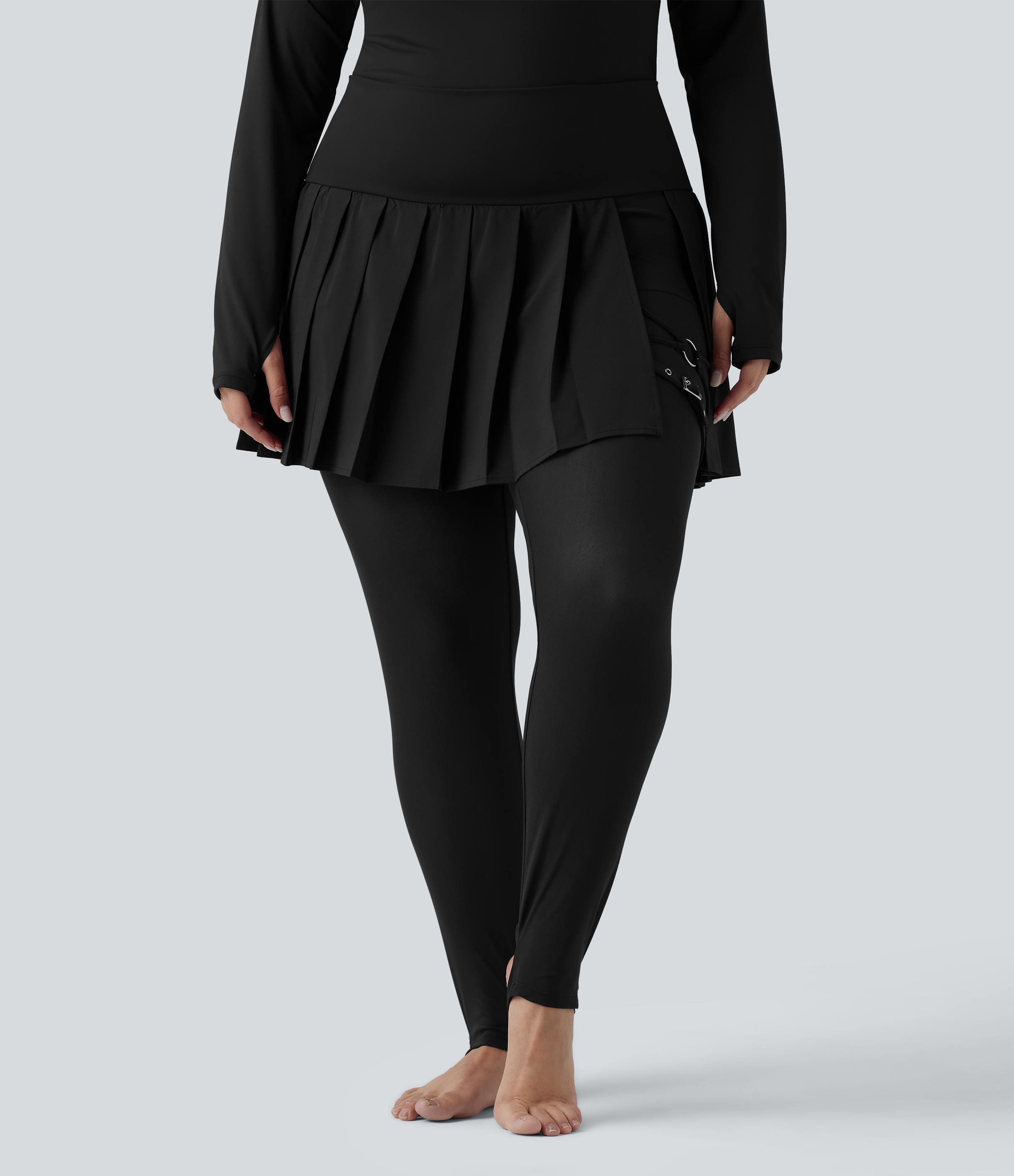 Breezeful™ High Waisted Pleated 2-in-1 Contrast Mesh Quick Dry Dance Plus Size Stirrup Skirted Leggings with Pockets