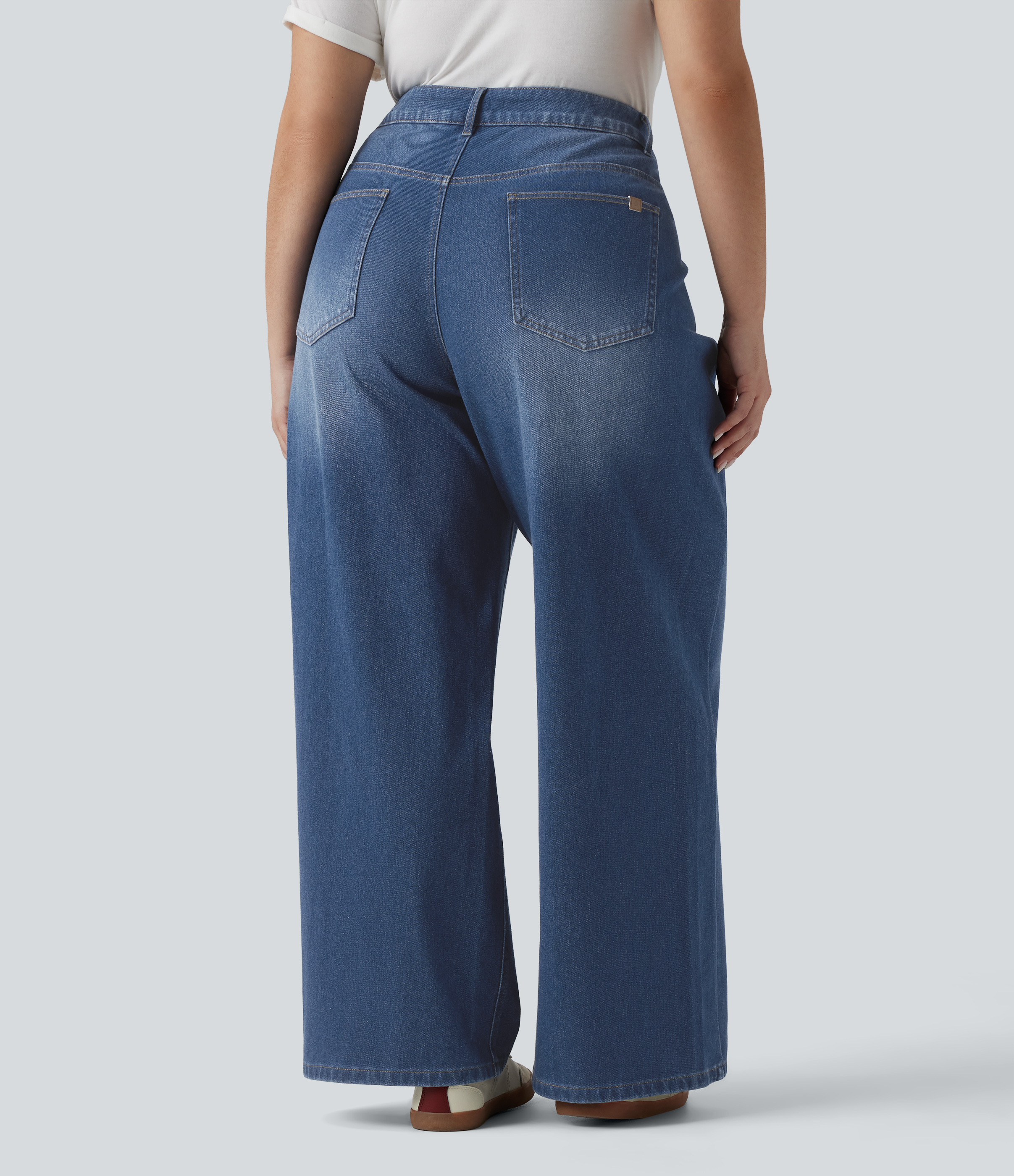 Tide Blue Denim Halara Flex™ jean ample grande taille, délavé, taille haute asymétrique, décontracté, avec poches / 2