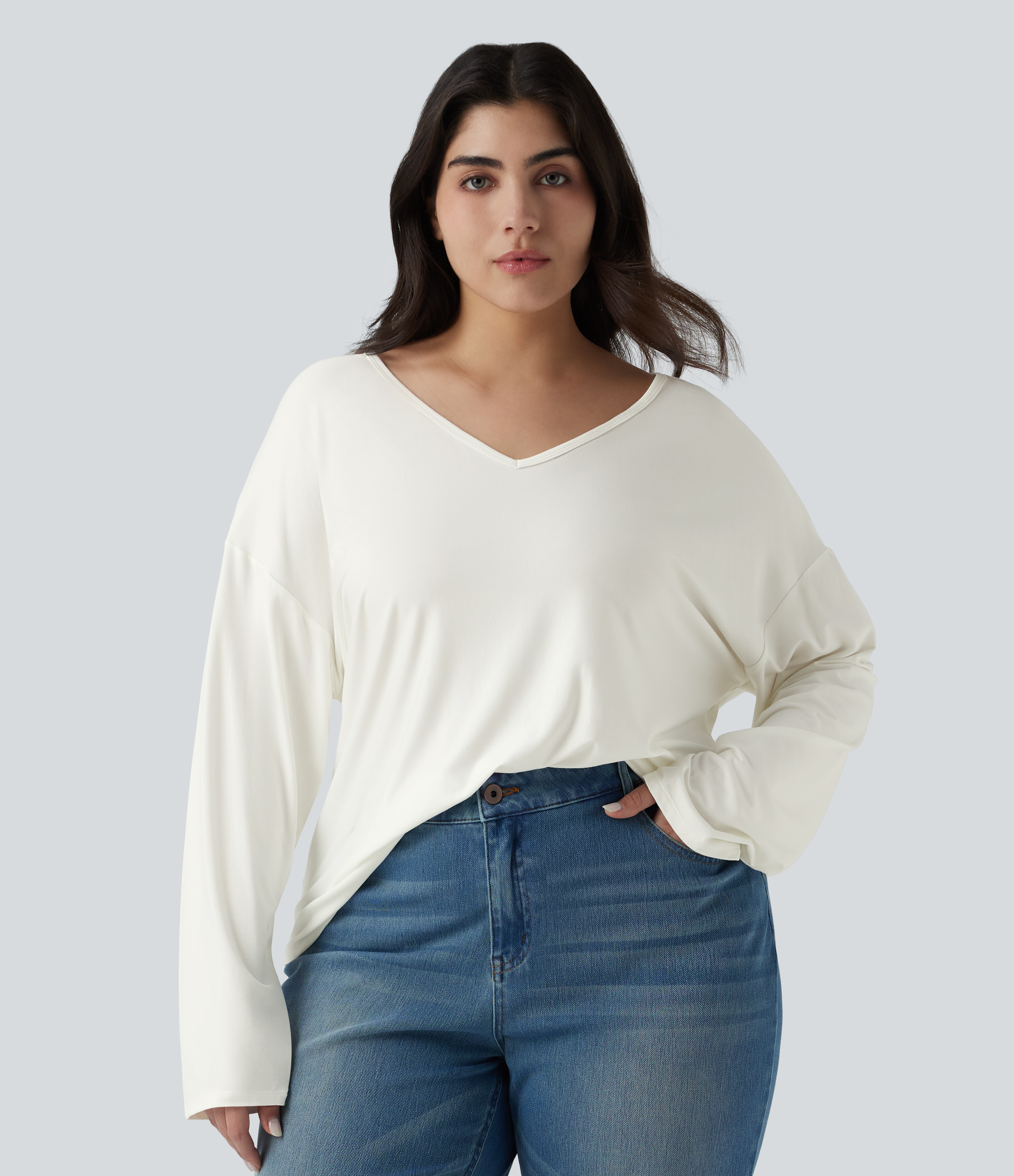 Lässiges Langarm-Top in Übergröße mit V-Ausschnitt