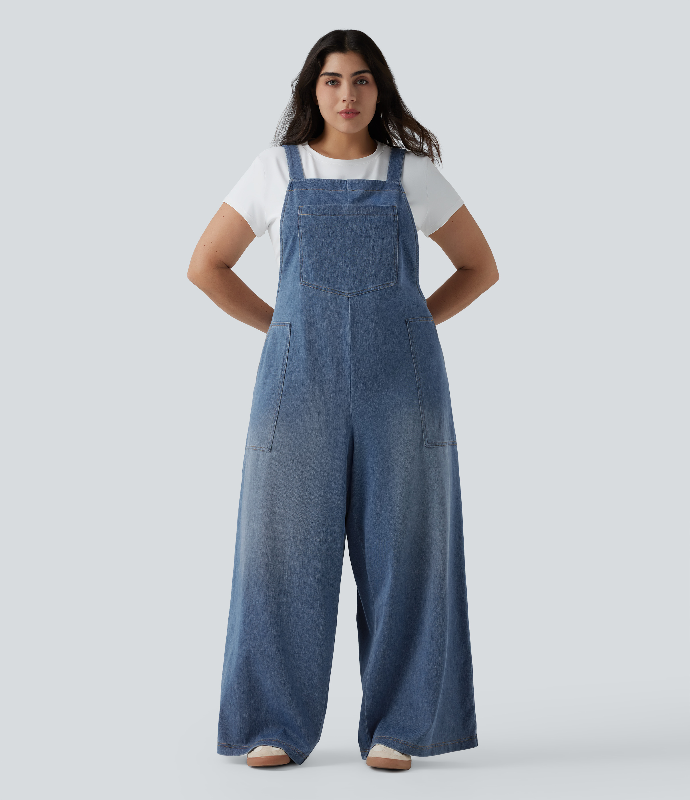 Plus Size Halara Flex™ Square Neck Washed Denim Casual Dungarees with Pockets